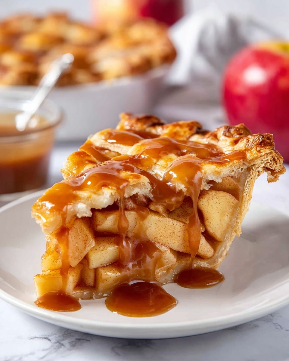 A golden-brown apple pie with a lattice crust made of six thick strips crossed over each other on top, sprinkled with coarse sugar giving a slightly sparkling texture, showing soft baked apple slices underneath in a white plate. The pie sits on a green cloth on a white marbled surface, surrounded by four apples—two red-yellow and two green—three cinnamon sticks placed near a small white bowl of caramel sauce. photo taken with an iphone --ar 4:5 --v 7
