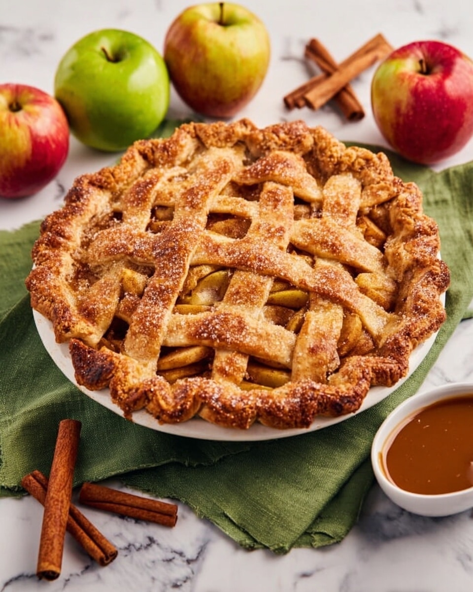A single slice of apple pie sits on a white plate, showing three main layers: the bottom layer is a light golden, flaky pie crust; the thick middle layer is packed with soft, cinnamon-coated apple slices stacked tightly, varying from pale yellow to light brown; the top layer is a golden-brown lattice crust with a shiny, smooth caramel sauce generously drizzled over it, dripping down the sides. In the background, a blurred white plate with another slice of pie, a bright red apple, and a glass of caramel sauce rest on a white marbled surface. The overall image is bright and crisp, highlighting the pie’s warm colors and textures. Photo taken with an iphone --ar 4:5 --v 7