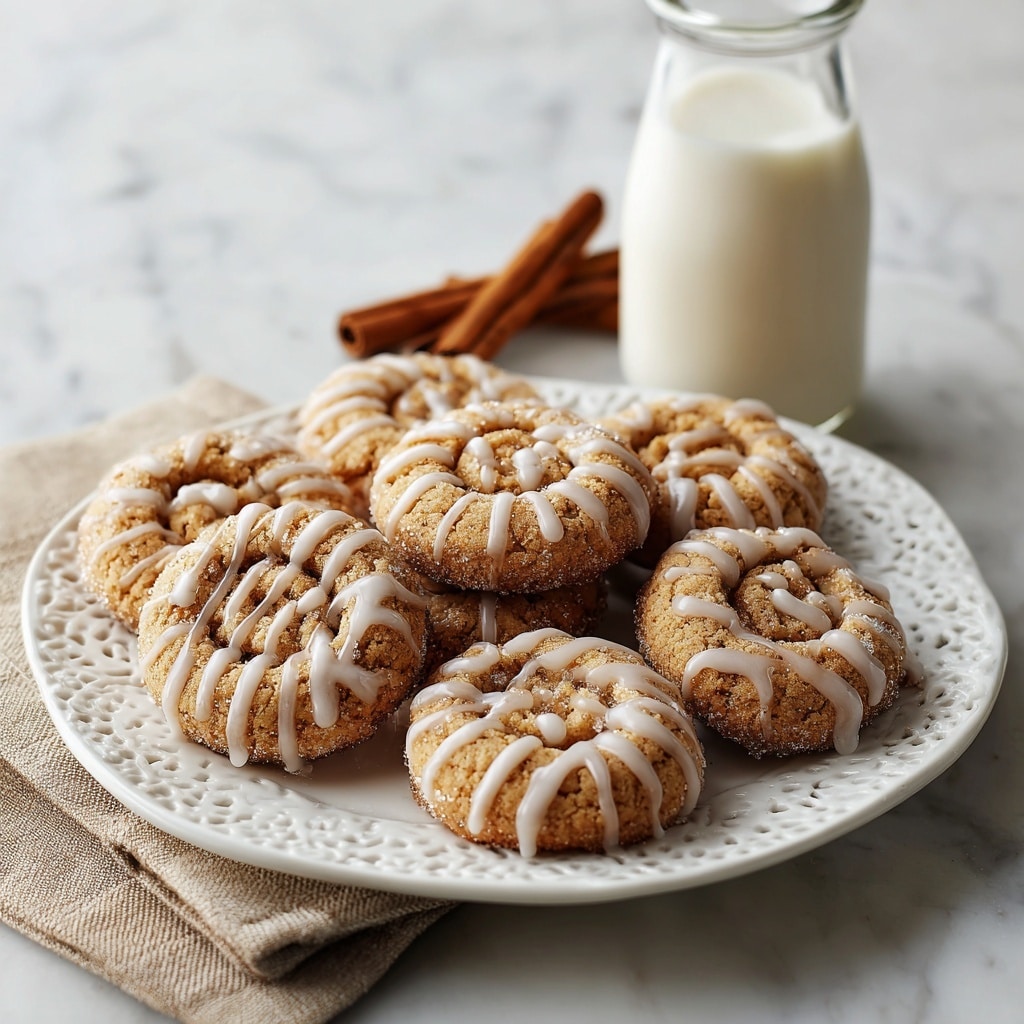 The image shows a close-up of small round cookies with a spiral pattern made from dough. Each cookie has a golden-brown color and a sugar-coated rough texture. On top of each cookie, there is a white glaze drizzled unevenly in thin lines and small drops. The cookies are placed on a textured beige baking mat, visible between them. The background is softly blurred with more cookies out of focus. photo taken with an iphone --ar 4:5 --v 7