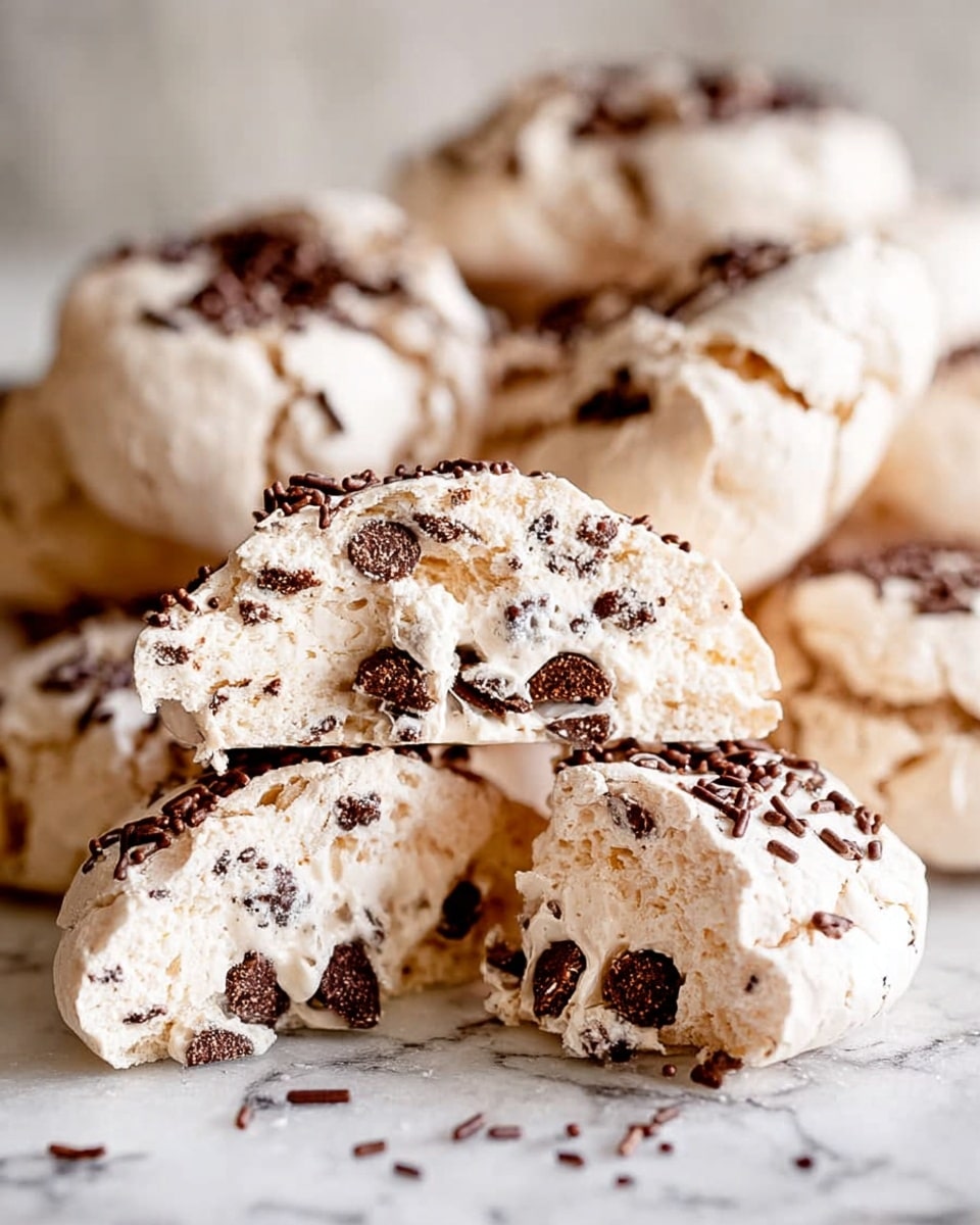 A close-up of several light beige meringue cookies with a cracked, airy texture, each dotted with dark brown chocolate chips inside and topped with chocolate sprinkles. Two cookies are broken in half in the front, showing their soft, airy inside and embedded chocolate chips, while the whole cookies are piled behind them on a white marbled surface. The cookies have a rough, uneven shape and a slightly crunchy look. Photo taken with an iphone --ar 4:5 --v 7