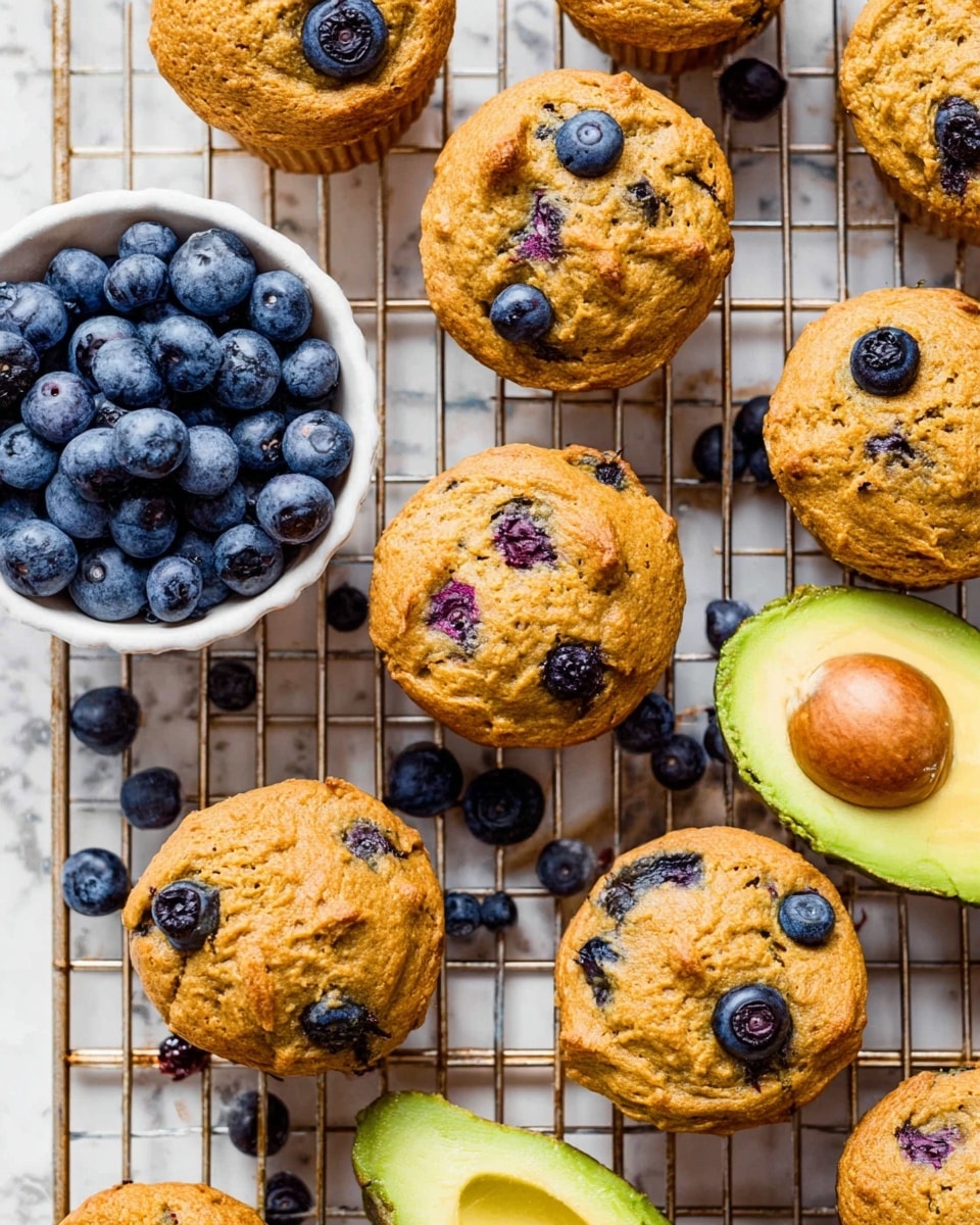 A woman's hand holds a cut blueberry muffin split into two pieces, showing its soft, light brown crumb with scattered dark purple blueberries inside. The muffin has a slightly rough texture on the outside, with visible blueberry stains near the bottom edges. In the blurred white marbled background, several whole muffins and a white bowl full of fresh blueberries are visible, along with a sliced avocado edge. The scene captures a close, detailed look at the moist muffin interior. photo taken with an iphone --ar 4:5 --v 7