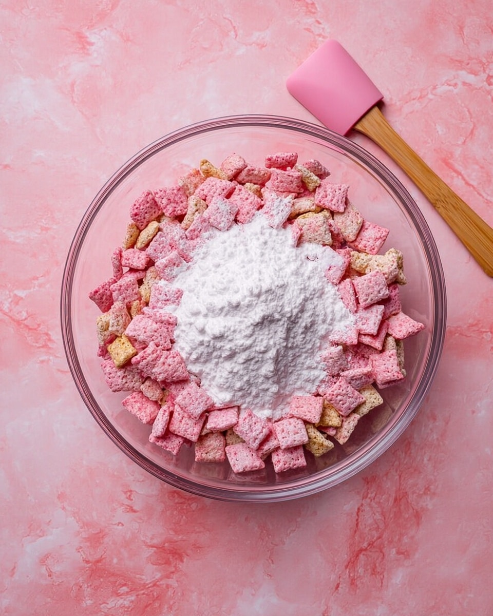 A white bowl filled with a mix of square-shaped cereal pieces. Most of the cereal pieces are coated with a pink and white powdery layer giving a frosted look, while a few pieces show a golden-brown base beneath. The cereals have a crunchy woven texture. The bowl sits on a gold tray, which is placed on a white marbled surface. Some cereal pieces are scattered loosely around the bowl on the tray. photo taken with an iphone --ar 4:5 --v 7