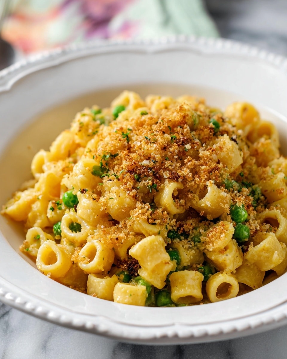 A close-up view of a white bowl with a raised decorative edge filled with small ring-shaped pasta mixed with green peas, coated in a creamy yellow sauce, and topped with a generous layer of golden toasted breadcrumbs. The pasta sits in a slightly heaped mound in the center, showing the soft, glossy texture of the sauce on the noodles and the crunchy breadcrumb topping. The bowl is placed on a white marbled surface, and the background includes soft pastel colors slightly blurred. photo taken with an iphone --ar 4:5 --v 7