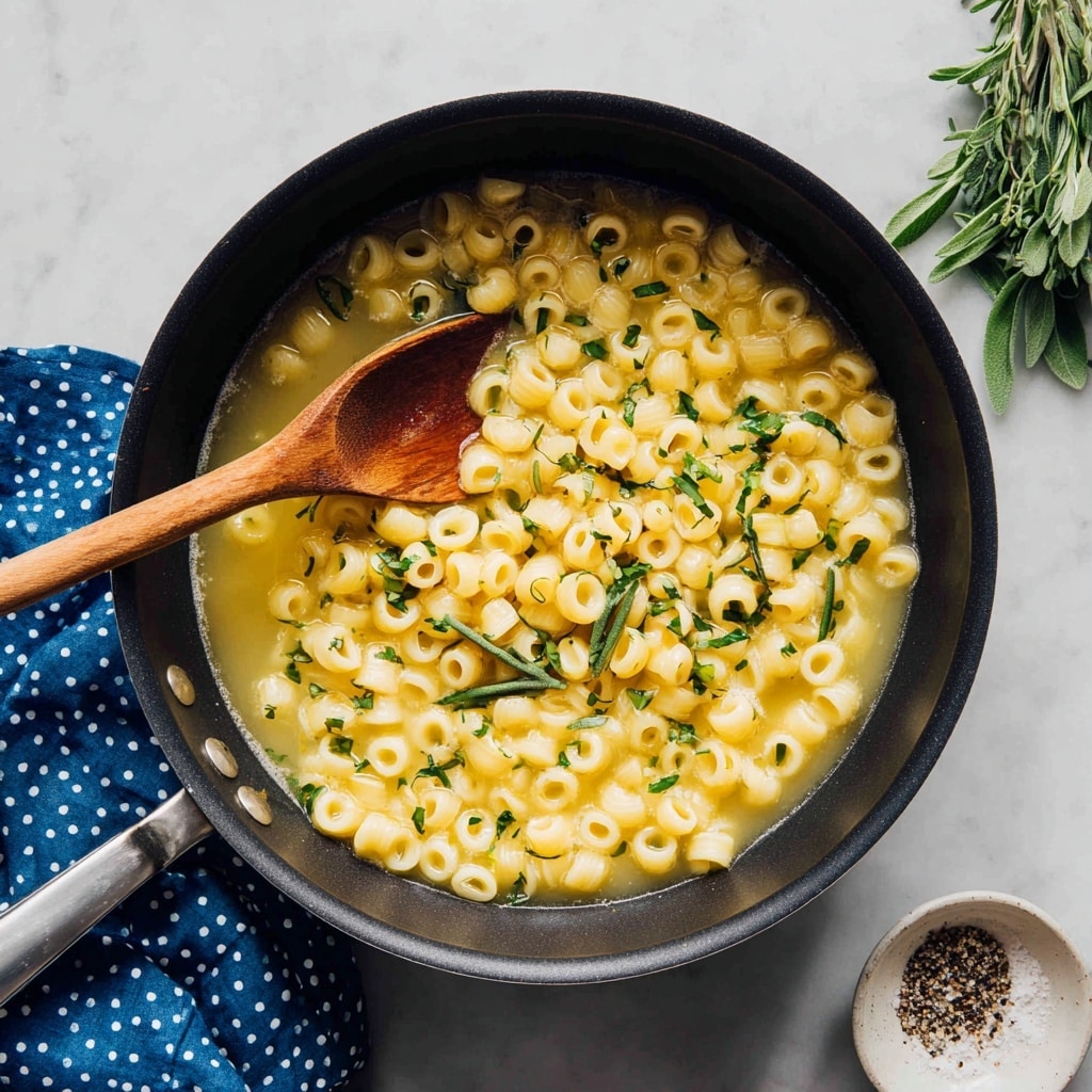 A black pan filled with small, round pasta cooked in a yellow broth, lightly mixed with chopped green herbs scattered on top; a wooden spoon is stirring the pasta from the left side, resting inside the pan. The pan sits on a white marbled surface next to a blue cloth with white polka dots on the left, some fresh green herbs above on the right, and a small white bowl with black pepper and salt partially visible at the bottom right. Photo taken with an iphone --ar 4:5 --v 7