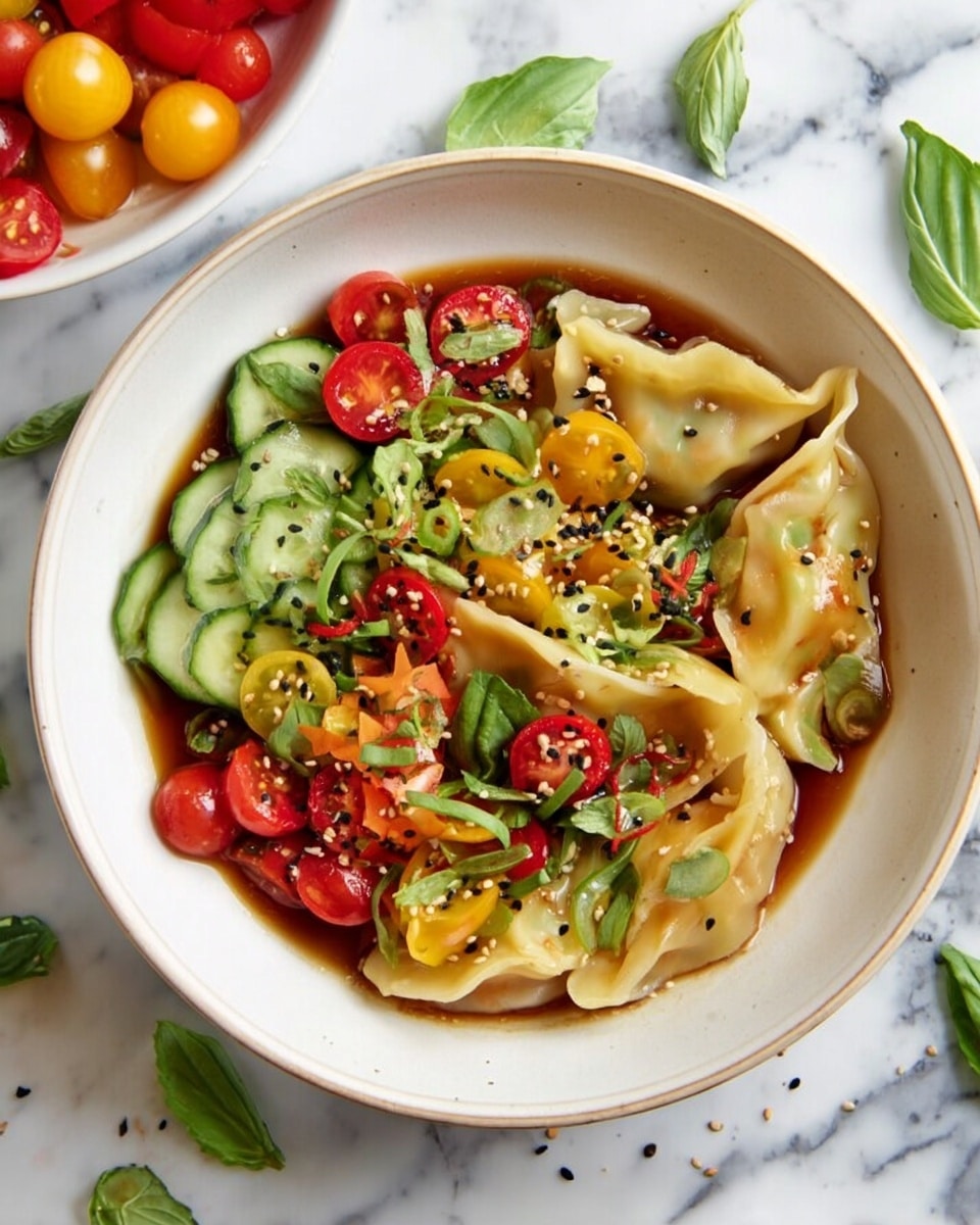 A shallow white bowl holds three layers: the bottom layer has a light brown sauce pooling at the base; the middle layer consists of folded pale yellow dumplings with some slight browning and shiny texture; the top layer is a fresh mix of halved small red and yellow cherry tomatoes, bright green basil leaves, and thin cucumber slices scattered throughout. Bright red chili slices and tiny black sesame seeds are sprinkled on top, adding contrast. The bowl sits on a white marbled surface, with scattered green basil leaves and some black sesame seeds around, alongside a white bowl filled with red and yellow cherry tomatoes partially visible in the corner. Photo taken with an iphone --ar 4:5 --v 7