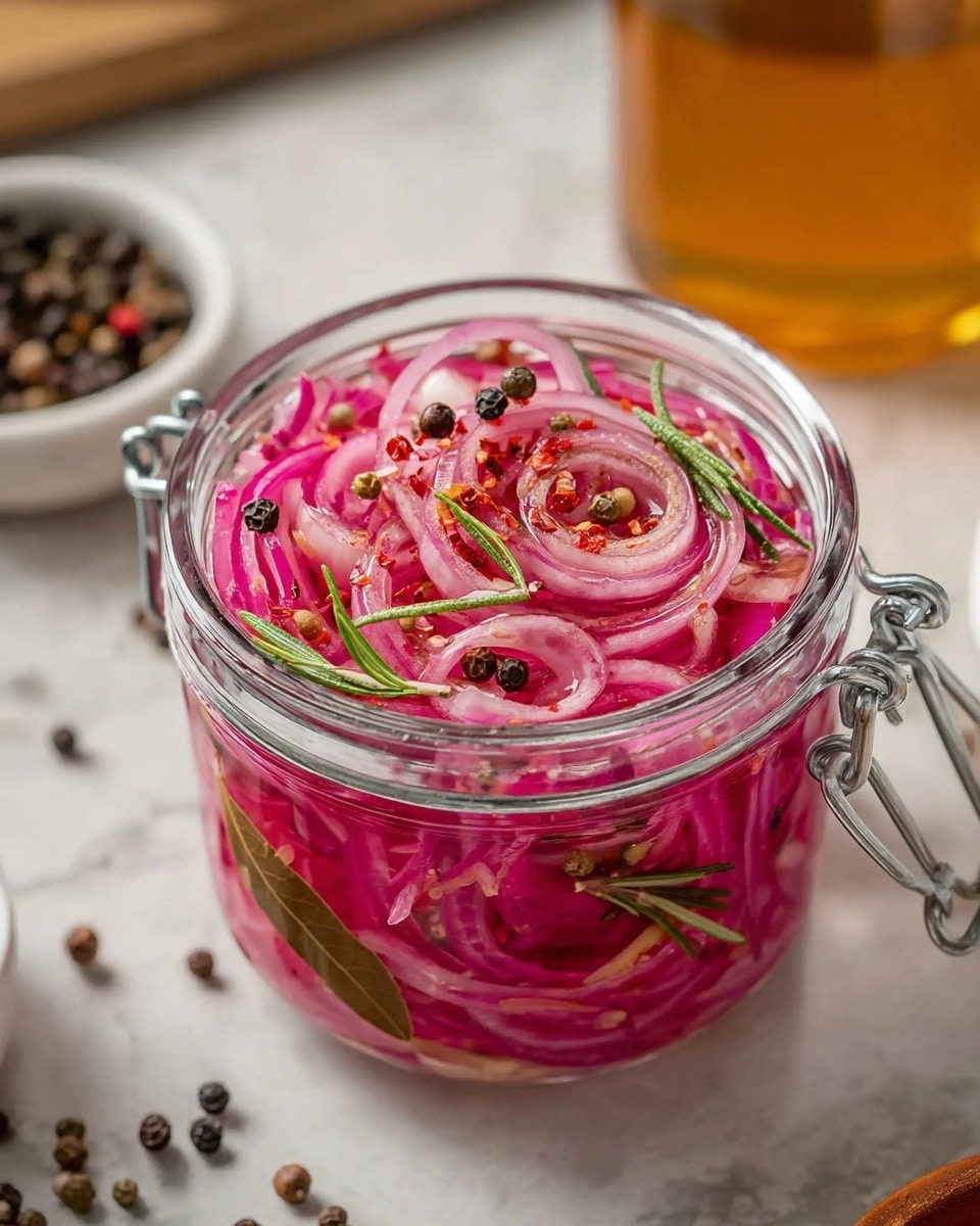 A white bowl filled with thinly sliced purple onions arranged in a loose pile, each round slice showing a translucent white center with bright purple edges. The onion slices are coated with a glossy, oily dressing that catches the light, and sprinkled generously with small bits of green herbs, crushed red pepper flakes, and seeds, adding texture and color contrast. The overall look is fresh and vibrant with the mix of purples, greens, and reds against the white bowl, all set on a white marbled surface. Photo taken with an iphone --ar 4:5 --v 7