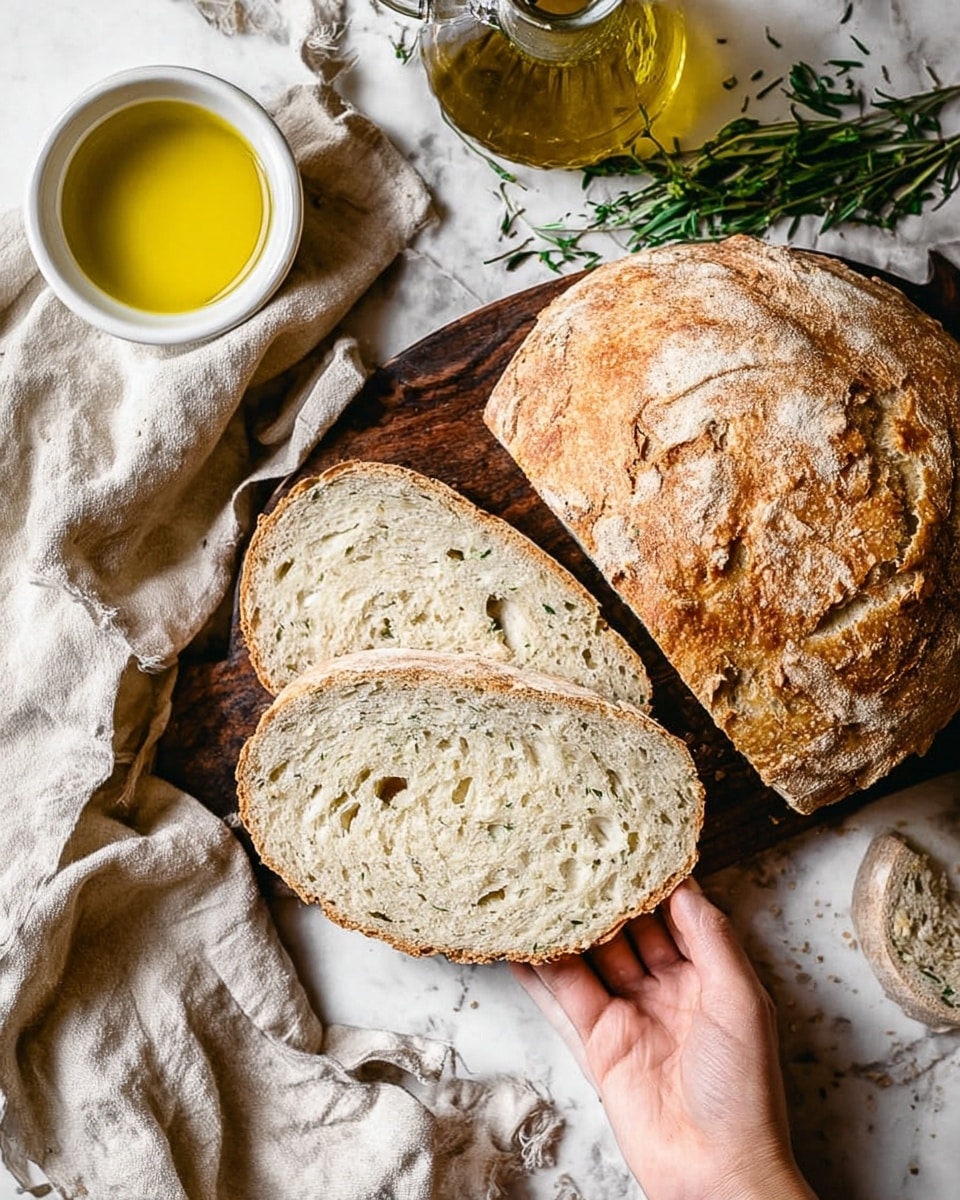 The image shows four slices of crusty bread with light brown crust and airy inside, arranged overlapping in a fan shape on a round dark stone plate. A sprig of green rosemary lies next to the bread on the right side. Below and to the left is a white marbled tabletop with scattered small green leaves, two extra bread slices, and one piece torn in half. A glass of pinkish liquid stands near the upper left corner of the surface. The scene has soft natural light highlighting the textures of the bread and leaves. photo taken with an iphone --ar 4:5 --v 7
