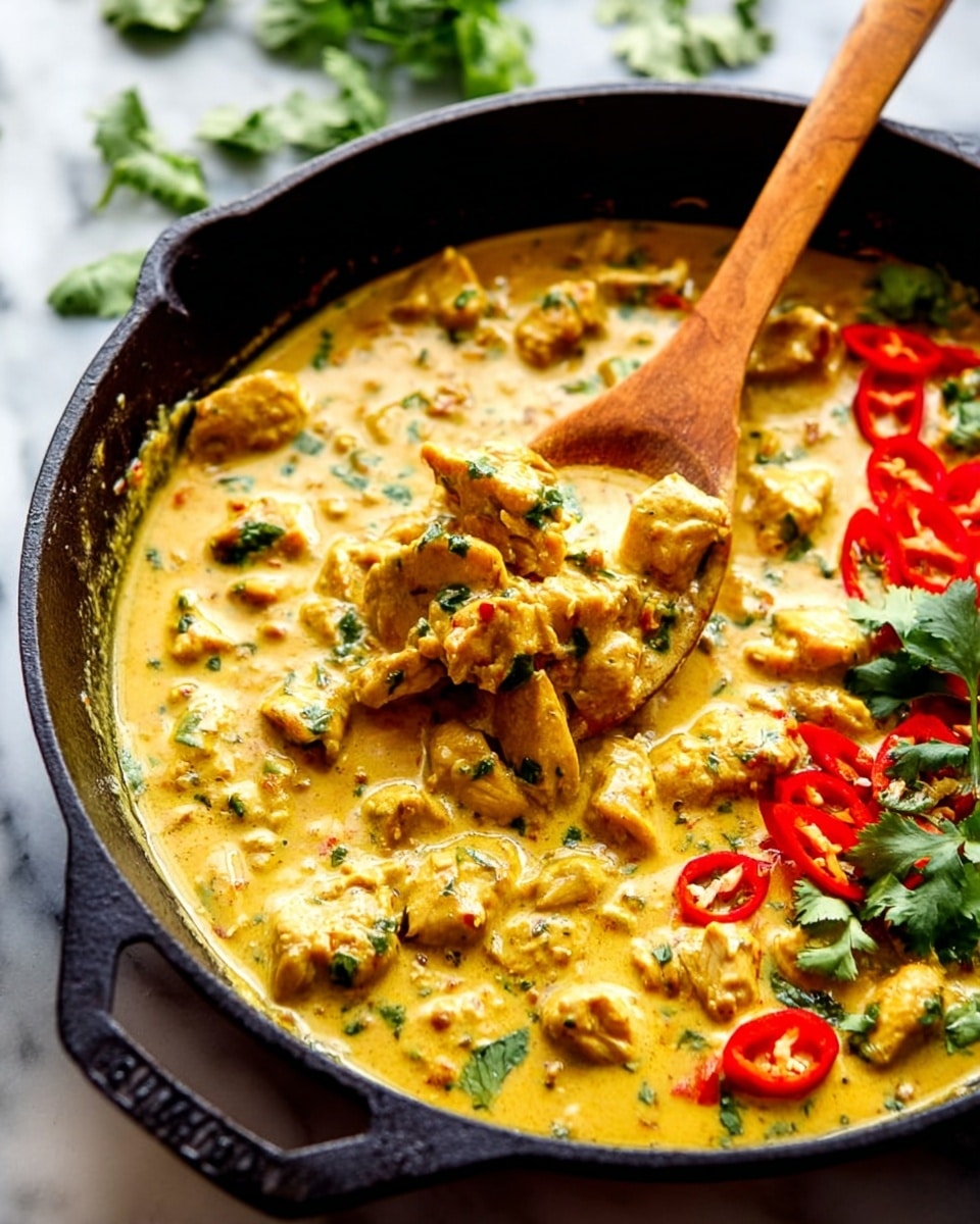 A black skillet filled with a creamy, thick yellow-orange curry with visible chunks of chicken mixed throughout, topped with chopped green cilantro and crushed peanuts scattered on the surface. Bright red chili slices sit near the center, adding a pop of color. A wooden spoon with a smooth, light grain pattern scoops up a portion of the curry, resting in the skillet. The skillet sits on a white marbled surface with some scattered cilantro leaves around. Photo taken with an iphone --ar 4:5 --v 7