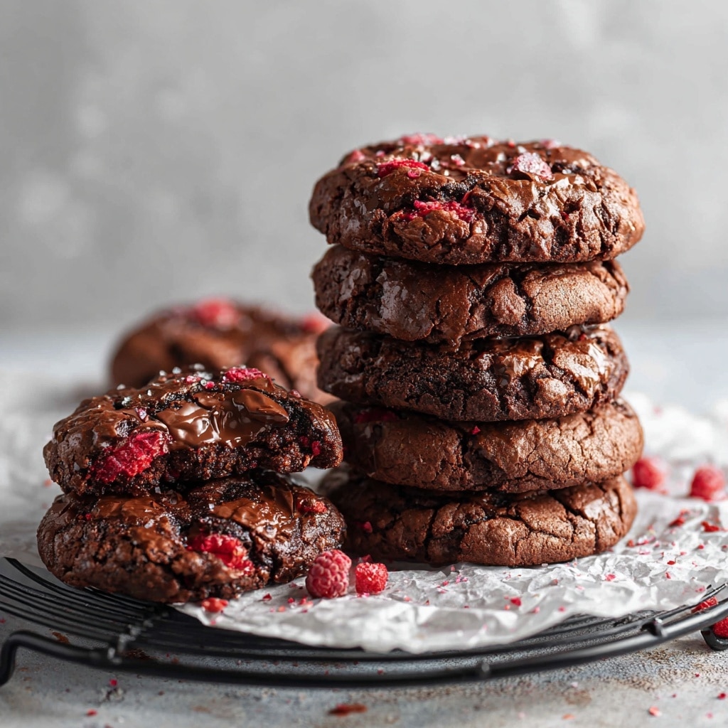Two uneven stacks of chocolate cookies with visible red raspberry pieces are placed on crumpled white parchment paper over a black cooling rack. The stack on the left has eight cookies, while the one on the right has five. To the front left, a broken cookie reveals melted chocolate inside and red raspberry bits, with cookie crumbs scattered around. The background shows a white marbled texture. Photo taken with an iphone --ar 4:5 --v 7