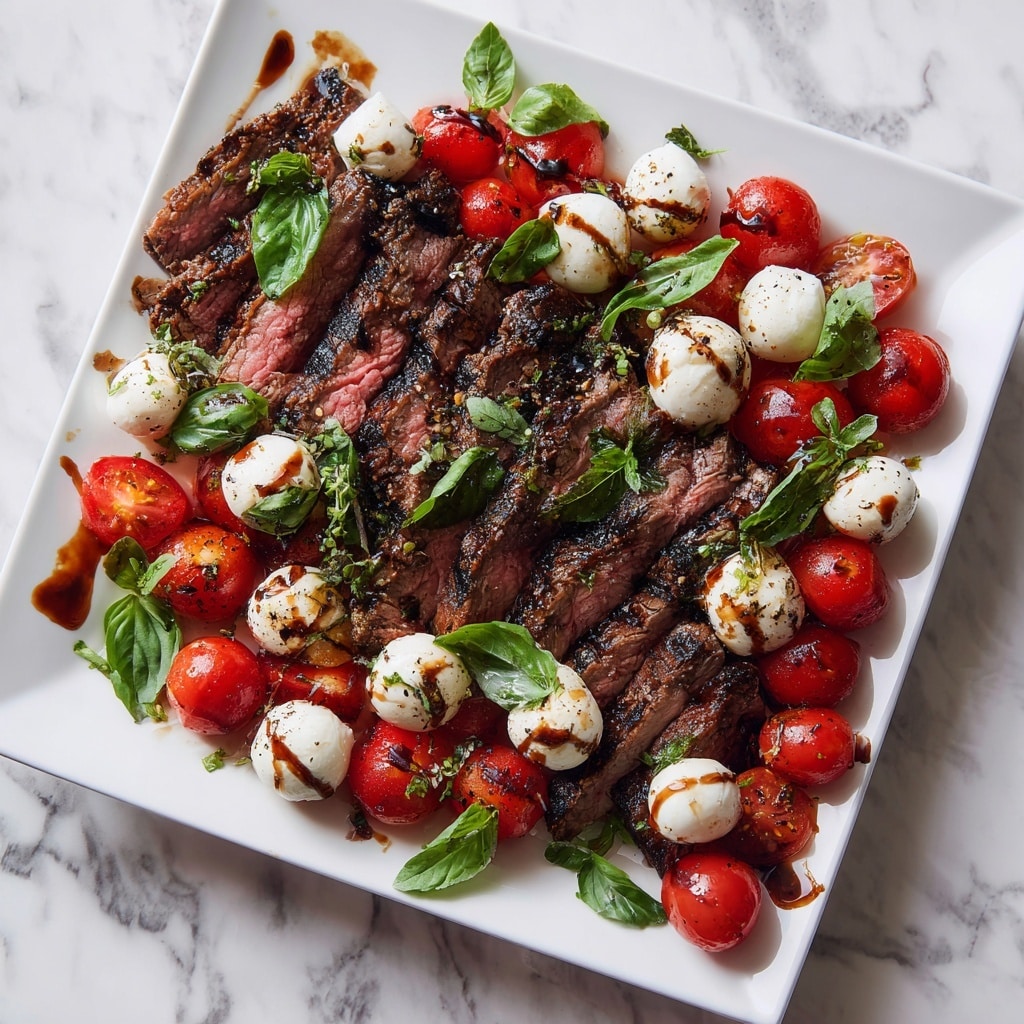 On a white plate with a white marbled texture under it, there is a serving of medium-rare grilled steak sliced into seven thick pieces with charred grill marks and a pink juicy inside, placed on the right side. To the left, there is a large piece of grilled halloumi cheese with a browned and slightly charred surface drizzled with dark balsamic glaze. Around the cheese, there are bright red and yellow halved cherry tomatoes with black pepper sprinkled and fresh green basil leaves scattered on and around the cheese and steak. Dark balsamic glaze is artistically drizzled over the steak and plate edges, creating a rich contrast against the white plate. photo taken with an iphone --ar 4:5 --v 7