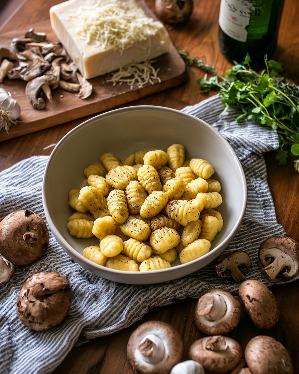 The image shows a white round bowl filled with plump, yellow gnocchi pieces that have soft ridges. They are mixed with sliced mushrooms that are light brown and gray with a tender texture. The dish is lightly coated in a creamy white sauce that makes the ingredients look smooth and slightly shiny. Small green herb leaves are scattered on top, adding a fresh color contrast. The surface underneath is a white marbled texture, and a silver fork is placed nearby. photo taken with an iphone --ar 4:5 --v 7