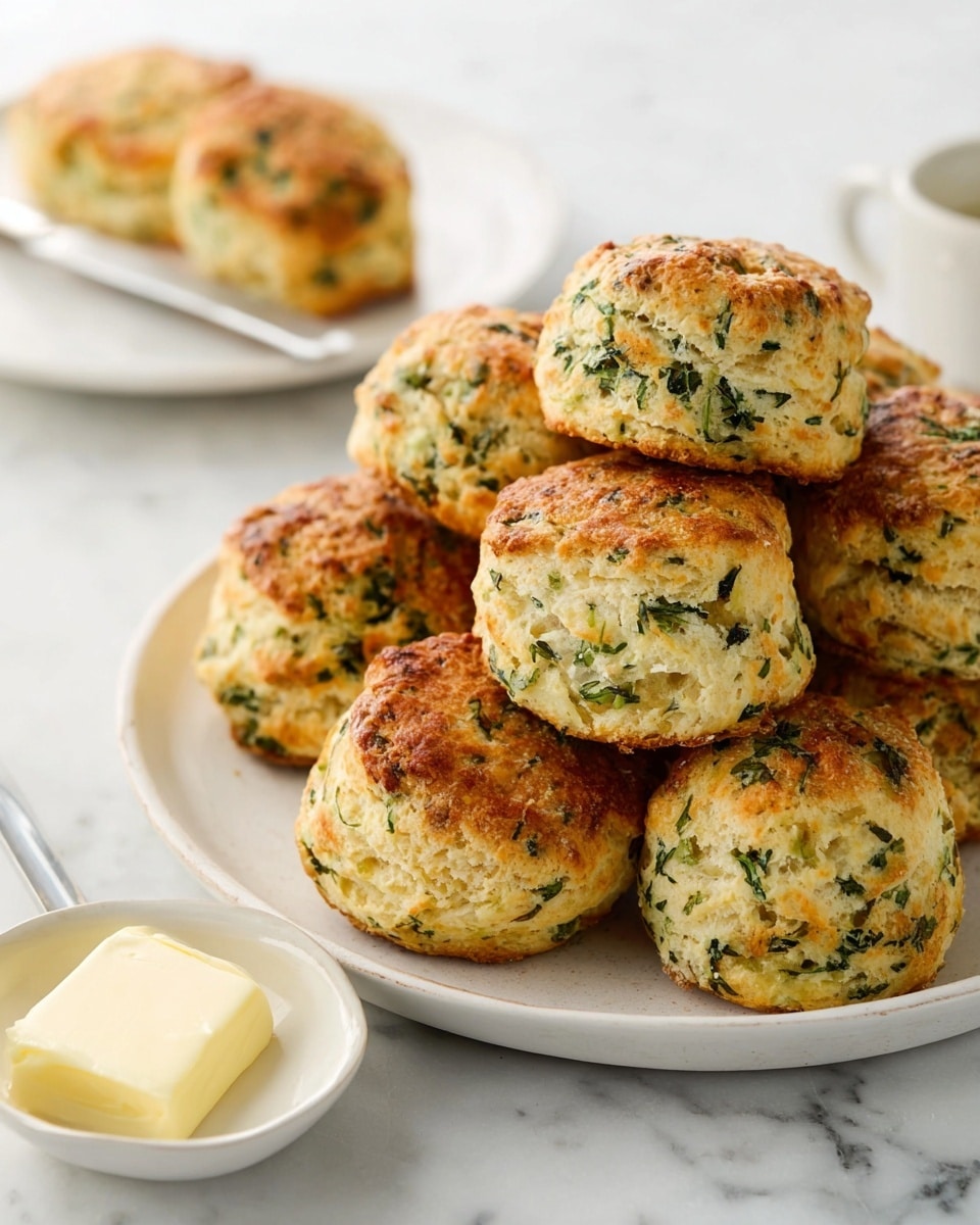 The image shows seven fresh herb biscuits on grey parchment paper over a white marbled surface, with the biscuits having two visible layers. Each biscuit has a golden brown top with a rough texture, dotted with green herbs, and the sides reveal a soft, flaky white inner with green herb specks. Three biscuits have a single dark green herb leaf pressed into the top layer as garnish. One biscuit is broken open, showing a creamy white spread smeared inside. The overall scene looks warm and inviting, with soft natural light highlighting the texture. Photo taken with an iphone --ar 4:5 --v 7
