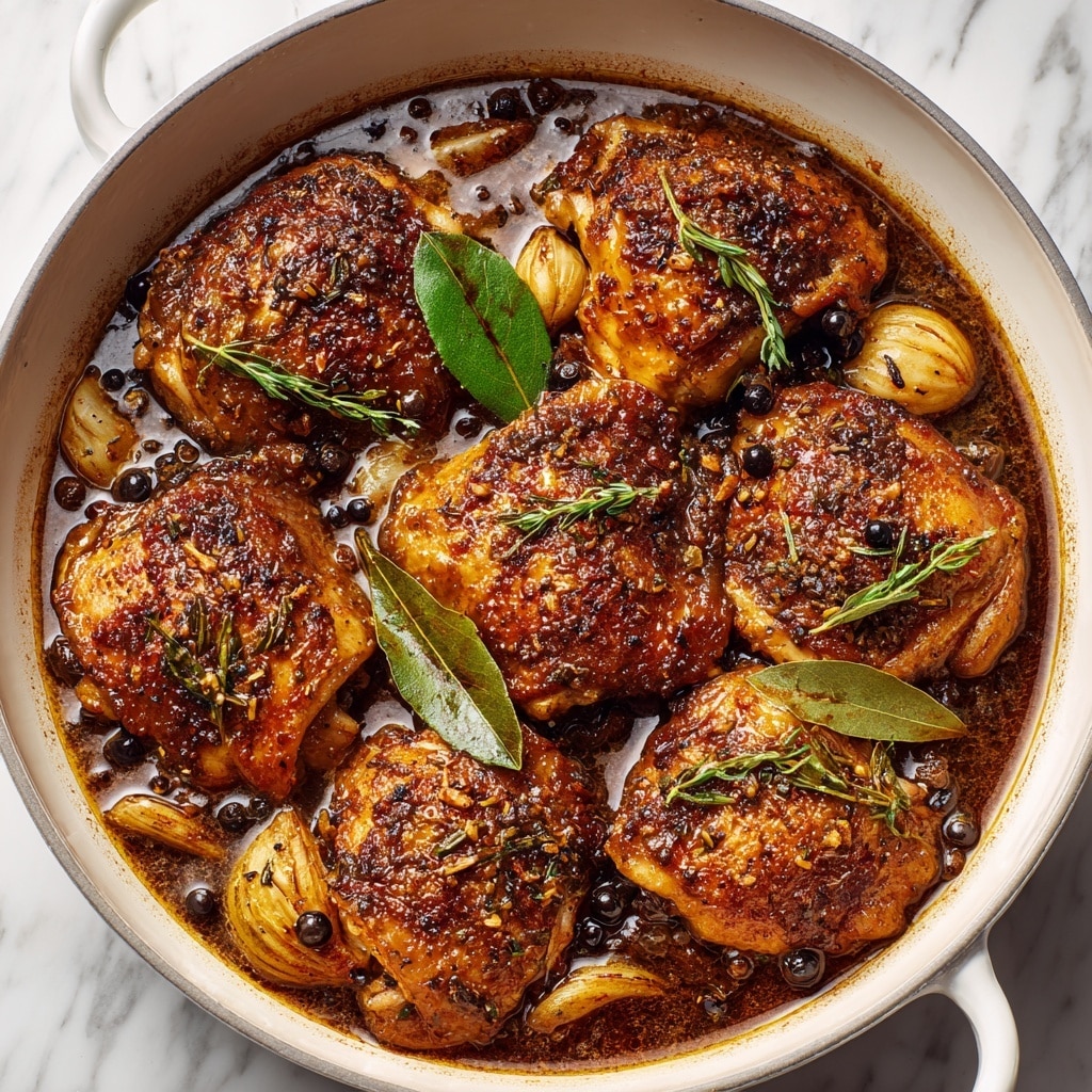 The image shows a white round pot filled with eight browned chicken thighs simmering in a rich, dark brown sauce. The chicken pieces have a crispy, textured skin with a golden-brown color. Scattered on top are several whole black peppercorns and light brown garlic slices, adding texture and contrast. A few light brown bay leaves float on the sauce, giving an earthy tone. The sauce itself looks glossy and thick, partially covering the chicken. The background is a white marbled surface. photo taken with an iphone --ar 4:5 --v 7