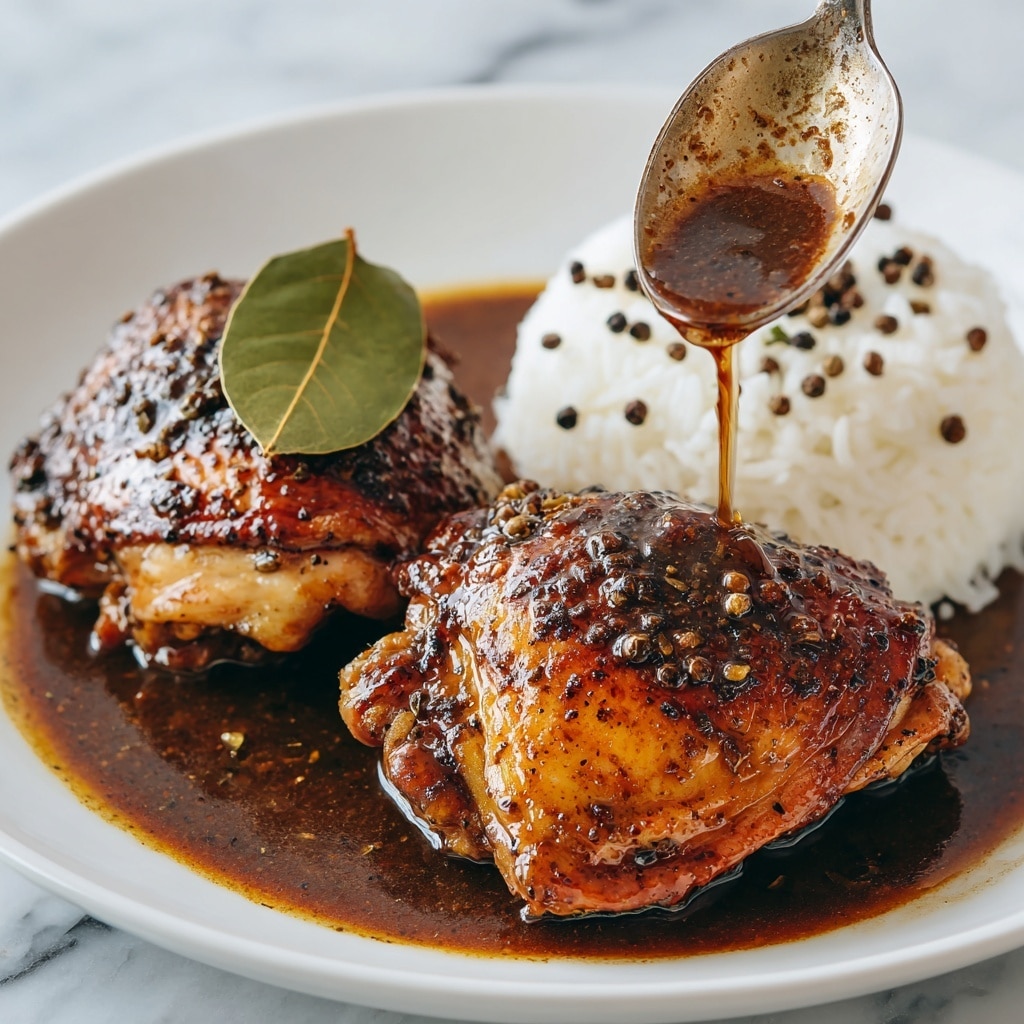 A white plate shows two pieces of browned, crispy roasted meat with a bay leaf on top of the back piece; a brown sauce with black peppercorns is being poured from a spoon onto the front piece, which has a rich, textured surface. Next to the meat is a mound of white rice with some sauce spilled on it. The white marbled surface is visible around the plate. photo taken with an iphone --ar 4:5 --v 7