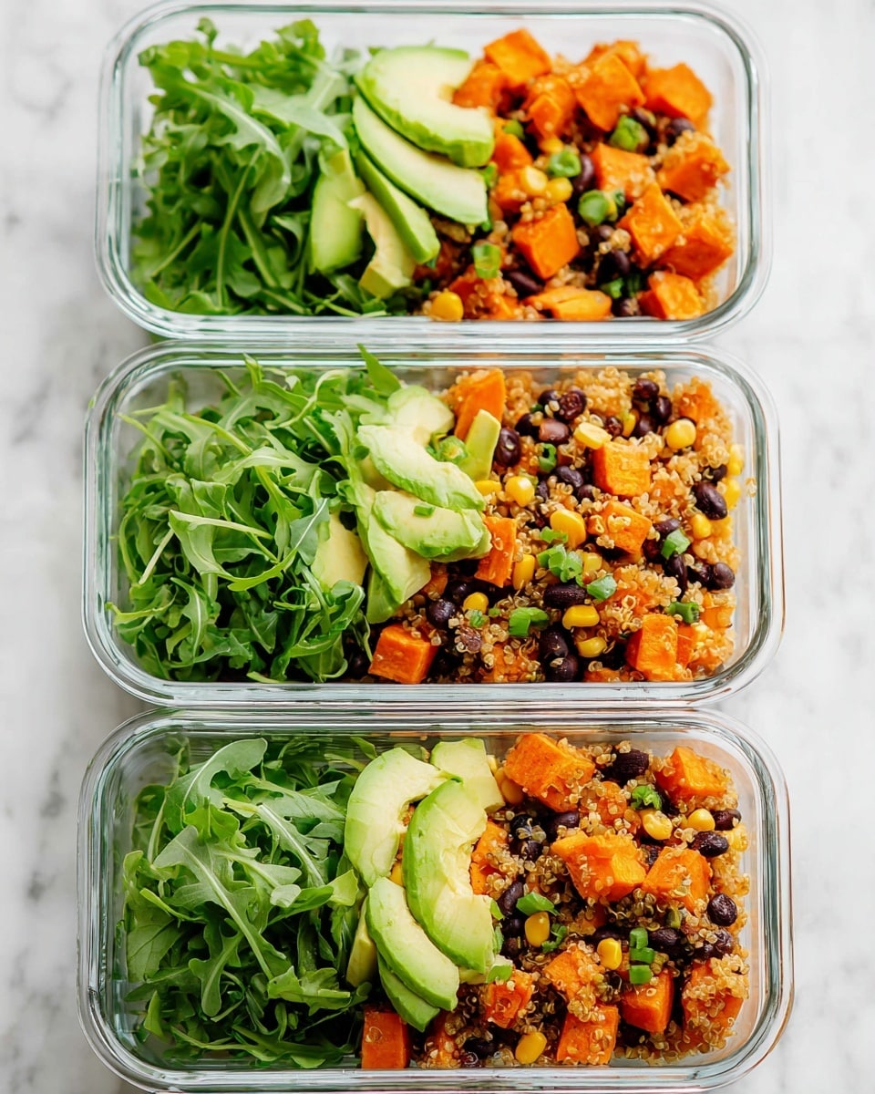 Three clear glass rectangular containers are placed in a row on a white marbled surface, each holding a layered meal. On the right side in each container, there is a mixture of orange cubed sweet potatoes, black beans, yellow corn, green chopped scallions, and light beige quinoa, creating a colorful, textured, and hearty grain and veggie mix. On the left side of each container, there is a bed of fresh dark green arugula leaves, topped with thin slices of light green avocado slightly fanned out. The arrangement in each container shows a clear separation of the two main layers, making the meal look fresh and vibrant. Photo taken with an iphone --ar 4:5 --v 7