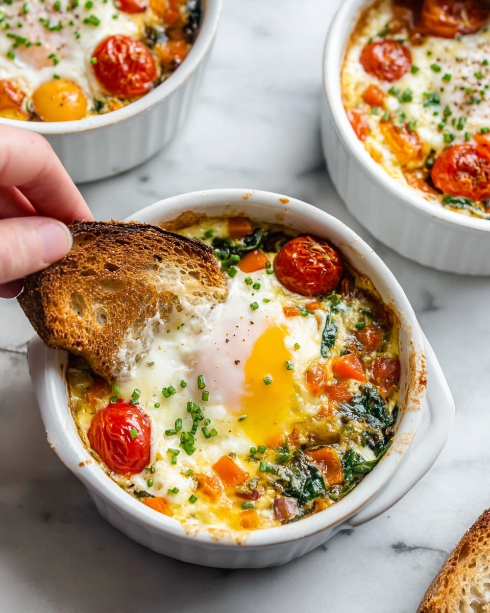The image shows three white ceramic ramekins filled with a baked egg dish on a white marbled surface. Each ramekin contains colorful layers starting with a mix of orange diced bell peppers and green leafy spinach, topped with whole roasted cherry tomatoes. The egg is layered on top, cooked with a slightly runny yolk visible in the center, surrounded by white, melted cheese with some golden brown edges. One ramekin is in the foreground with a woman's hand holding a piece of crusty brown bread dipping into the thick, creamy egg mixture. Small green garnishes, possibly chopped chives, are sprinkled on top for added color and texture. photo taken with an iphone --ar 4:5 --v 7