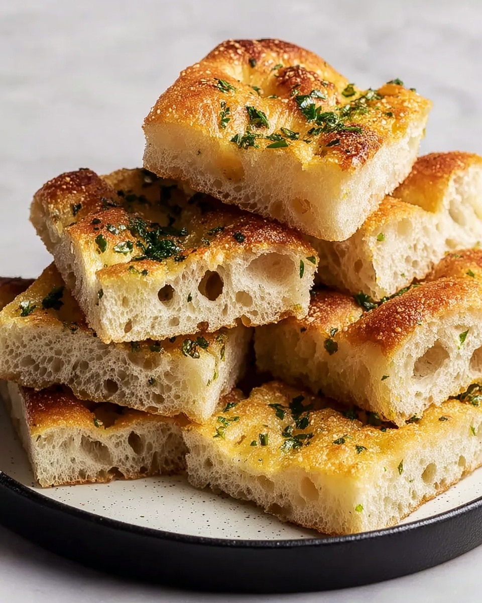 A stack of five thick square pieces of golden focaccia bread sits on a white plate with a black edge, each piece showing a light, airy, and porous texture with small to medium holes inside the crumb. The top of each bread square is toasted with a crunchy, golden-brown crust, sprinkled with green chopped herbs and flecks of garlic, giving a fresh and flavorful finish. The plate rests on a white marbled surface, enhancing the colors and textures of the bread. photo taken with an iphone --ar 4:5 --v 7