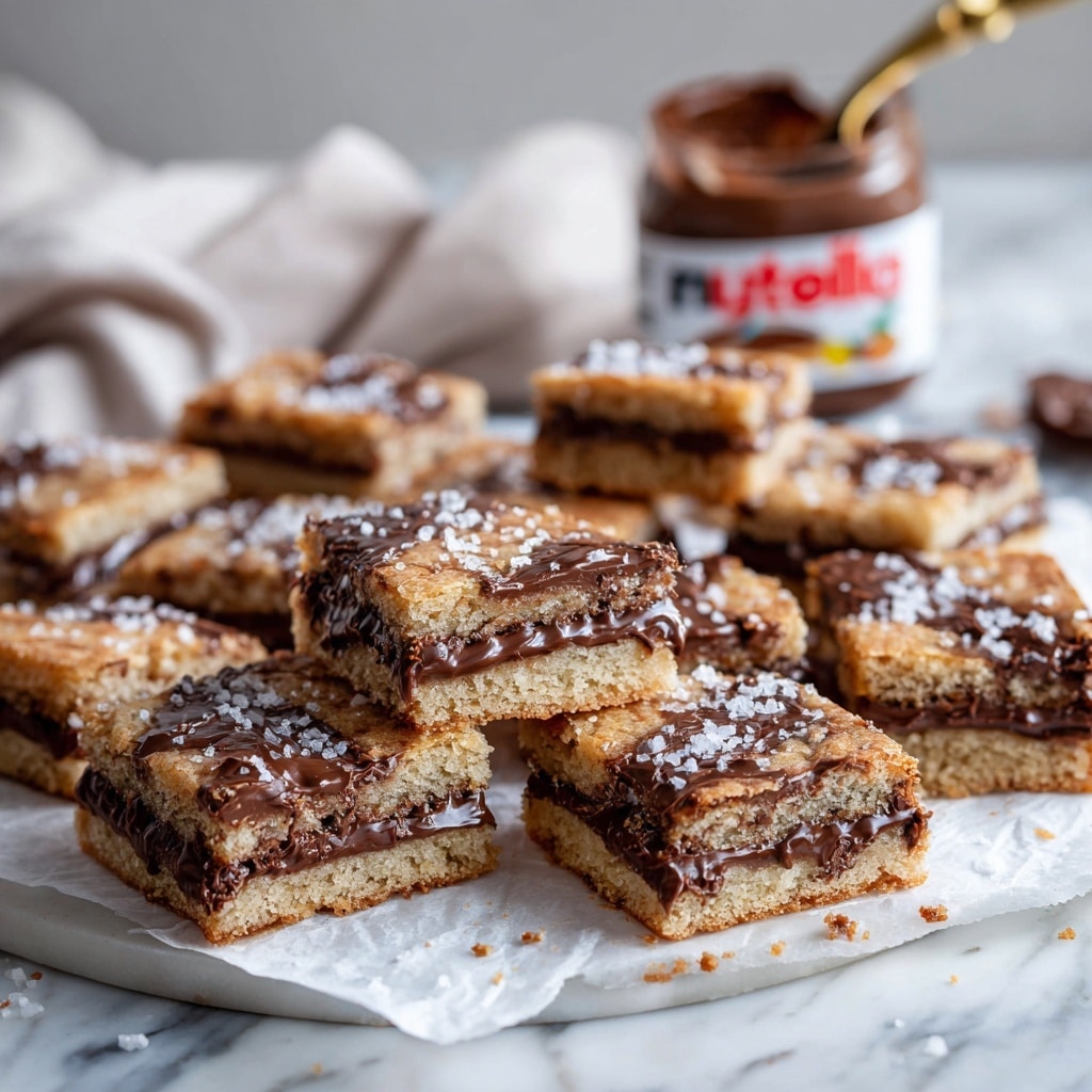 The image shows a pile of square cookie bars arranged on white parchment paper over a white marbled surface. Each bar has two thick golden brown cookie layers with a smooth, dark brown Nutella spread sandwiched in the middle; the top cookie layer is sprinkled with coarse white salt crystals giving a slight sparkle. In the center, three cookie bars are stacked neatly, showing the rich Nutella filling clearly. Around this stack, several other bars are scattered casually, some lying flat and others slightly tilted, revealing the soft texture of the cookies and the creamy filling inside. At the front left corner, a white spoon with Nutella spread lies on the parchment, adding to the rich and creamy feel, and in the blurred background, a large jar of Nutella is partially visible. The overall tone is warm and inviting, with a clean, bright setting. photo taken with an iphone --ar 4:5 --v 7