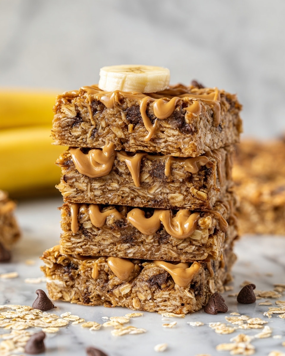 The image shows nine square oat bars with chocolate chips on top, arranged on a piece of white parchment paper over a white plate. The oat bars have a rough texture with visible oats and scattered melted chocolate chips giving a mix of light brown and dark brown colors. One bar is partially lifted by a knife with a silver handle, revealing the thickness and soft texture inside. Around the plate, there are three yellow bananas, a bowl of raw oats, and a small wooden bowl filled with chocolate chips, all placed on a white marbled surface. A soft pink cloth is partially visible at the bottom left corner. photo taken with an iphone --ar 4:5 --v 7