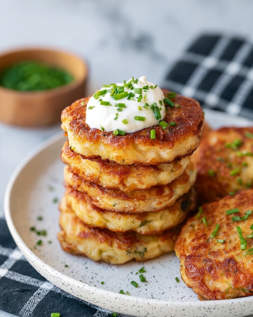 A stack of five golden-brown fried patties with a slightly crispy texture sits on a white speckled plate. The top patty is topped with a dollop of white sour cream and sprinkled with fresh green chopped chives. Next to the stack, there are two more patties with the same golden color and crispy look. In the background, a small wooden bowl filled with green herbs is slightly blurred, placed on a white marbled surface with a black and white checkered cloth partially visible. Photo taken with an iphone --ar 4:5 --v 7