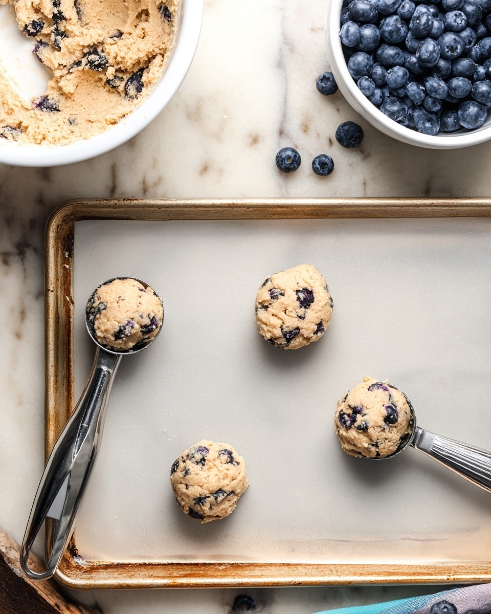 A white fluted plate holds seven small, round golden-brown pancakes dotted with visible dark blueberries and red berries, arranged in a circular pattern. In the center of the plate, a small pale blue cup is filled to the top with fresh, plump, dark blue blueberries. Around the plate, on a white marbled surface, a few loose blueberries and a partially visible ripe yellow banana with brown spots are placed. The pancakes show a slightly uneven, homemade texture with some darker browned spots. photo taken with an iphone --ar 4:5 --v 7
