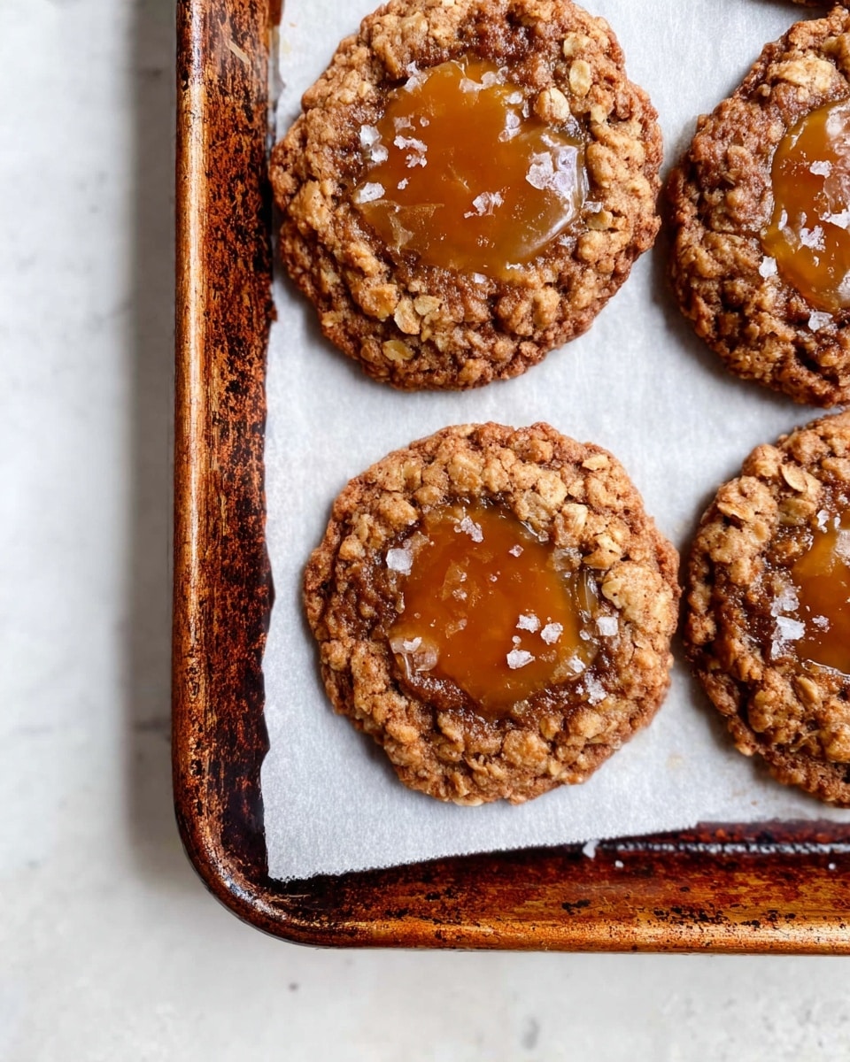 A metal tray with a white marbled texture surface holds several golden brown oatmeal cookies with caramel drizzle on top. Most cookies are whole, while one cookie in the lower center is broken in two pieces, showing a gooey caramel center stretching between the parts. The cookies have a rough, chewy texture with visible oats and a slightly crisp edge. The tray is placed on the white marbled texture background. photo taken with an iphone --ar 4:5 --v 7
