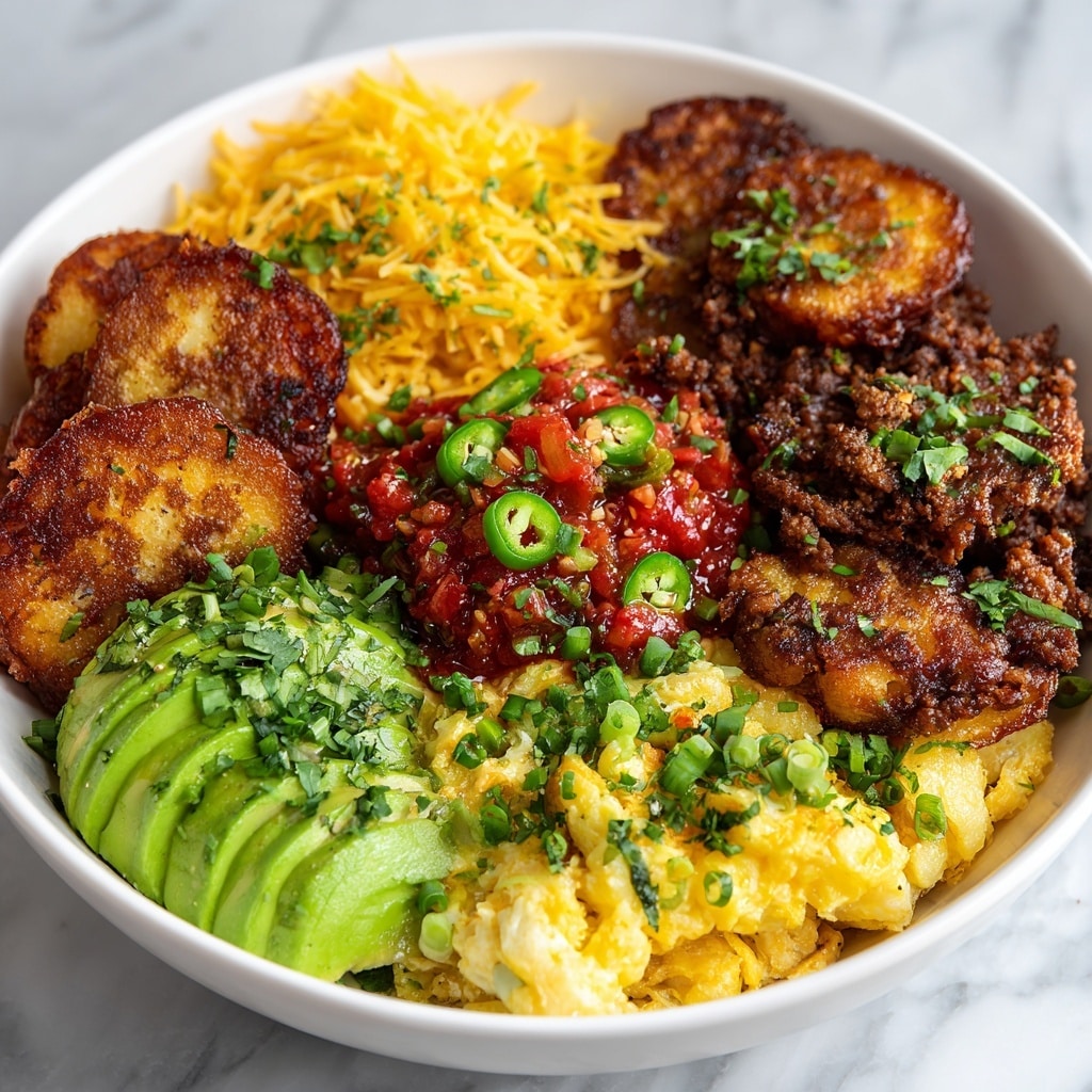 A white bowl filled with a base layer of crispy, golden-brown hash browns mixed with scrambled eggs. On top, there are browned sausage pieces arranged around the edge. Over the hash browns and sausage, there is a bright layer of melted cheddar cheese. In the center, a generous dollop of white sour cream is topped with green avocado chunks and bright red salsa. The dish is sprinkled with chopped green onions evenly over everything. The bowl is placed on a white marbled surface with a silver fork resting inside. Photo taken with an iphone --ar 4:5 --v 7