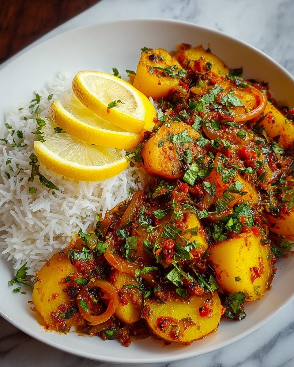 The dish is served in a white oval plate placed on a white marbled surface with blue floral tile patterns. It is a colorful medley with roughly three main layers: large chunks of yellow potatoes as the base, a mix of diced red and green peppers with translucent onions scattered on top, and a thick orange sauce that coats everything, giving it a slightly chunky texture. Fresh green chopped herbs are sprinkled liberally over the whole dish, adding contrast and freshness. A large silver spoon is tucked into the side of the dish, resting on the plate. There is a dark blue cloth under one side of the plate and a small bowl with green herbs partly visible in the background. photo taken with an iphone --ar 4:5 --v 7