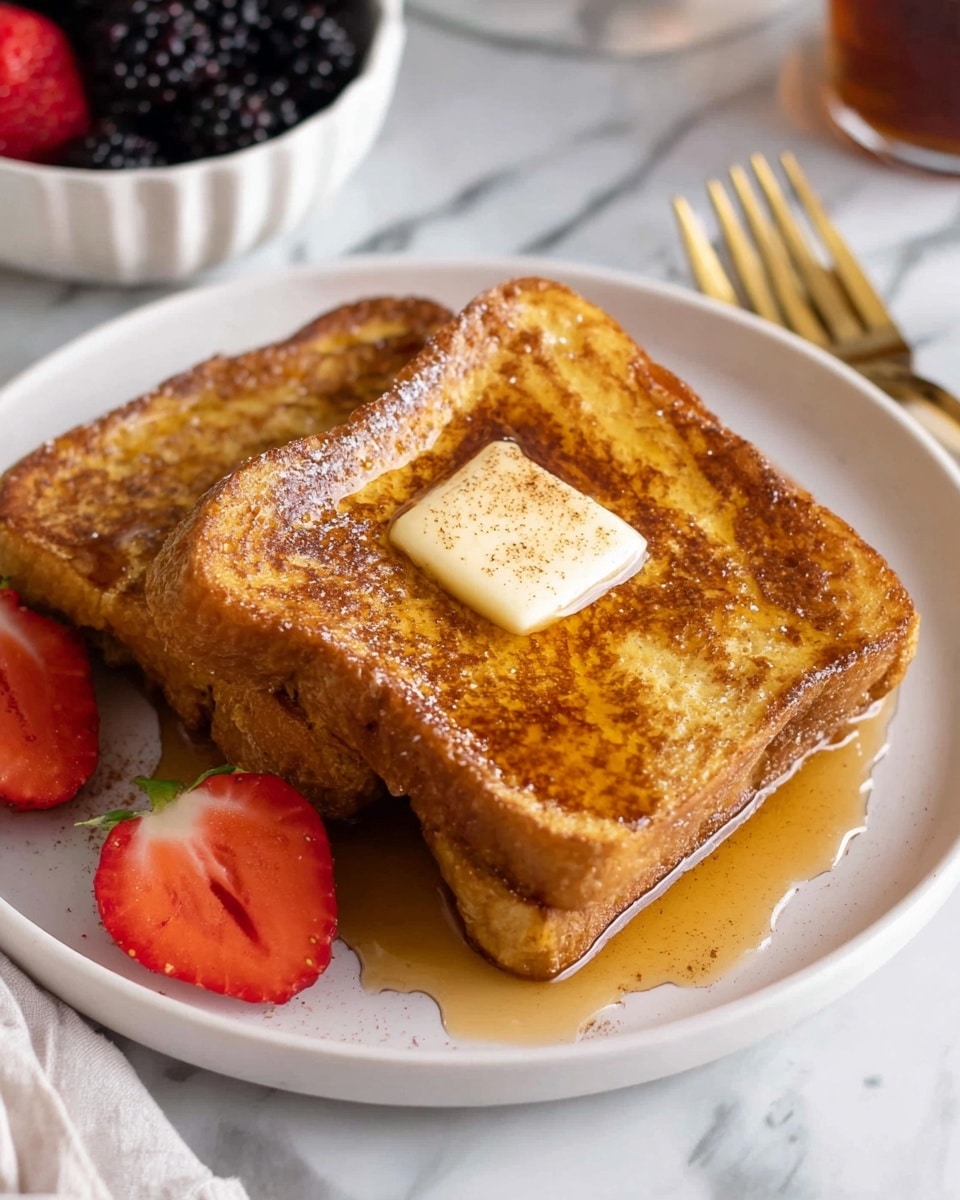 Two square slices of golden-brown French toast are stacked slightly off-center on a white plate, with a small square of melting butter on the top slice. The toast is sprinkled lightly with cinnamon and soaked with syrup that pools at the base. Beside the toast, there are three bright red strawberries, one sliced in half showing its juicy inside. In the background, a white bowl filled with blackberries and more strawberries is partially visible. The scene is set on a white marbled surface with a gold fork placed to the right side of the plate. photo taken with an iphone --ar 4:5 --v 7