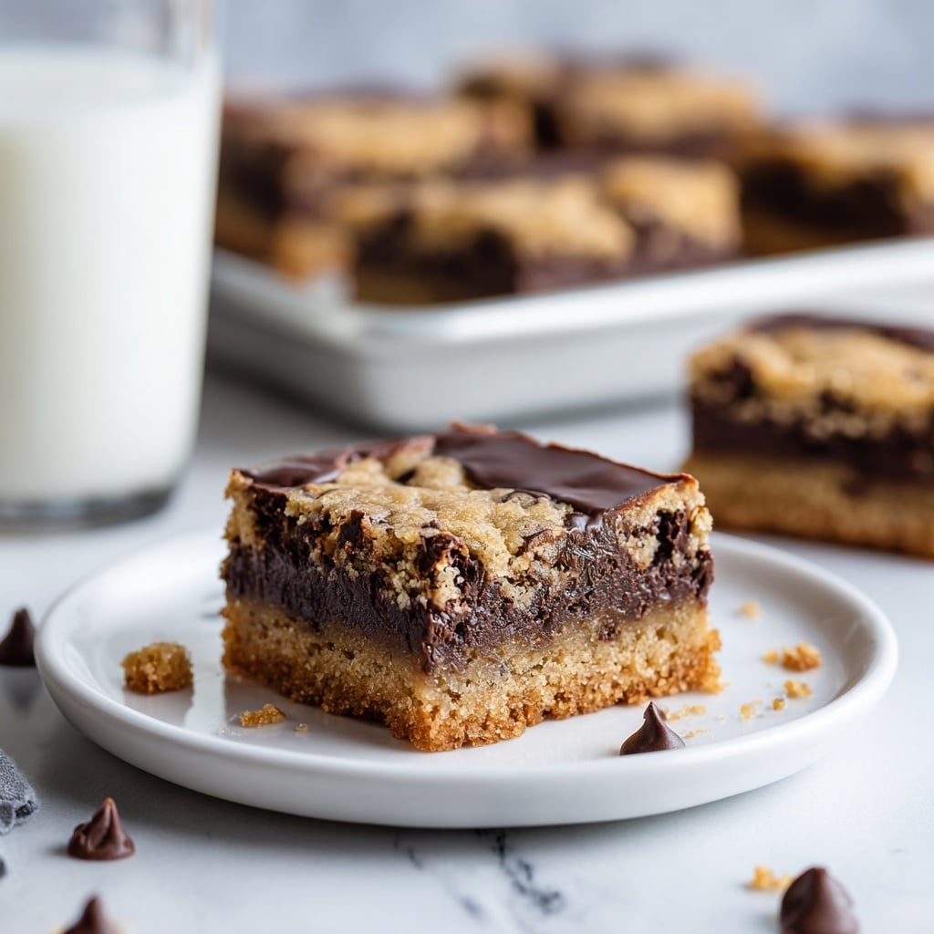 The image shows a square chocolate chip cookie bar with a thick, smooth, dark chocolate layer in the middle on a white round plate. The bottom and top layers are golden brown cookie dough with visible chocolate chips and a slightly crumbly texture. The bar has clean edges, and some crumbs are scattered on the plate. In the background, there is a glass of milk and more cookie bars on a white tray, all on a white marbled surface. The lighting is soft and natural, highlighting the glossy chocolate layer and the textured cookie dough. Photo taken with an iphone --ar 4:5 --v 7
