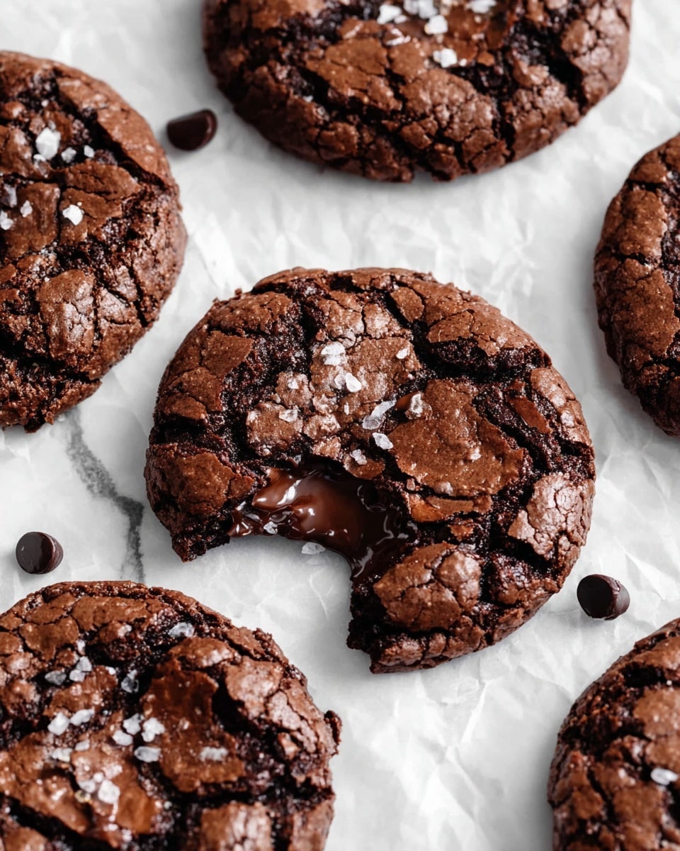 Several thick, round chocolate brownies with cracked, shiny tops are spread across a white marbled surface with crumpled white parchment paper underneath. The brownies have a deep brown color with a slightly glossy texture, giving a fudgy look. One brownie in the center is broken open, revealing a moist and dense inside with a rich, dark chocolate color. Small, coarse white salt flakes are sprinkled on top of the brownies. A few scattered milk chocolate chips lie around the brownies. photo taken with an iphone --ar 4:5 --v 7