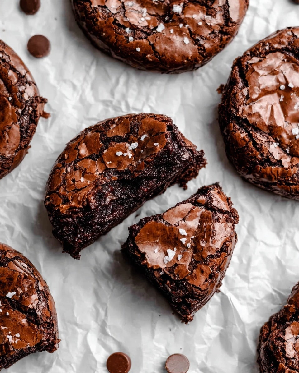 A close-up of several dark brown, cracked chocolate cookies placed on white parchment paper over a white marbled surface, one cookie in the center has a bite taken out showing a gooey, rich, melted chocolate inside, with rough edges and small salt flakes sprinkled on top, a few chocolate chips scattered around the cookies. photo taken with an iphone --ar 4:5 --v 7