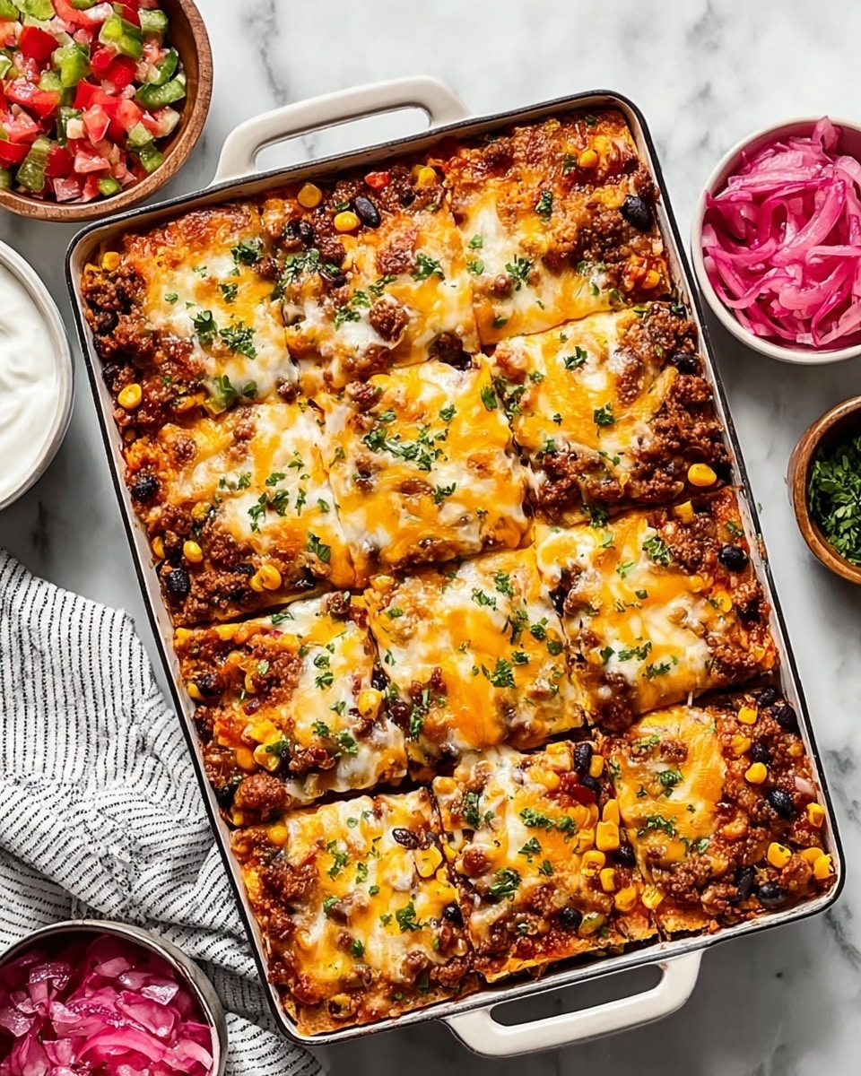 A white plate sits on a white marbled surface, filled with a layer of reddish-orange Mexican rice spread evenly. On the rice is a piece of baked enchilada covered with melted cheese that is lightly browned on top, with visible black beans, corn kernels, and bits of meat inside. The enchilada is topped with a colorful scoop of fresh pico de gallo salsa made of small chopped tomatoes, onions, and green herbs. Bright pink pickled onion slices are scattered on top and around the plate, adding contrast. A copper-colored fork rests on the right side of the plate, touching the rice. In the background, there are other bowls and a pan with similar food visible, all on the same white marbled surface. Photo taken with an iphone --ar 4:5 --v 7