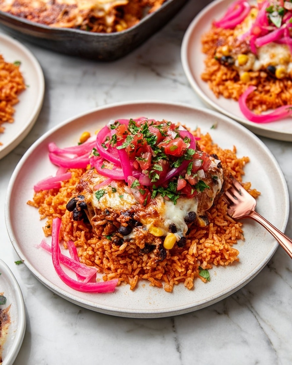 The image shows a rectangular casserole dish filled with a baked layered casserole, cut into nine squares. The layers include a top layer of melted, golden-brown mixed cheese with some spots more toasted, sprinkled with chopped green herbs. Beneath the cheese, you can see chunks of ground meat, black beans, yellow corn kernels, and small diced red and green peppers, creating a colorful, textured mix. The casserole is placed on a white marbled surface alongside bowls with fresh salsa, sour cream, and pickled red onions. A striped white and black towel is placed next to the dish, adding to the cozy presentation. photo taken with an iphone --ar 4:5 --v 7