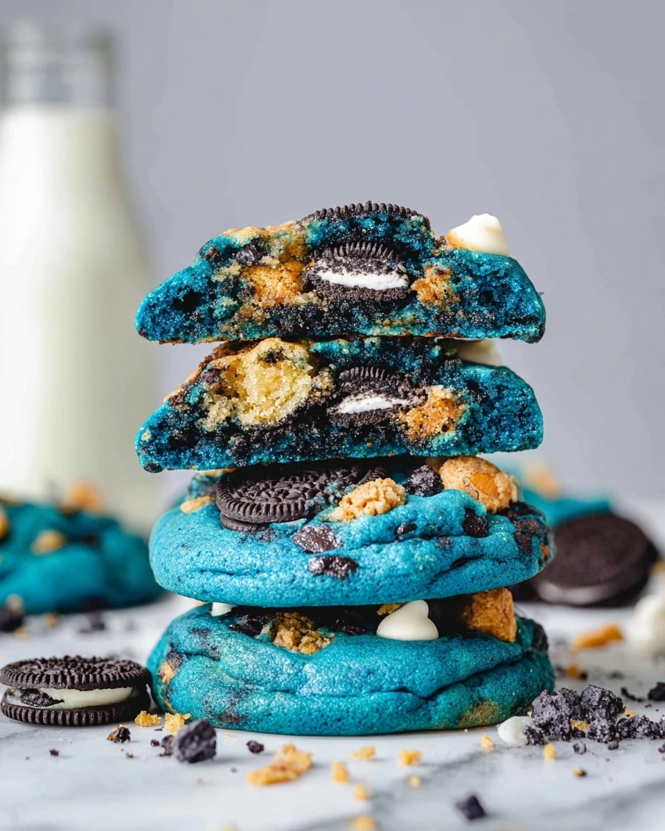 Eight bright blue cookies are placed in a loose grid on a white baking sheet with small holes. Each cookie is round and thick, showing a slightly textured surface. They are decorated with scattered white and light brown chocolate chips and pieces of dark cookies embedded into the dough, creating a colorful contrast. The cookies have a soft, slightly bumpy texture with small cracks, making them look freshly baked. The background is a white marbled texture lightly visible around the edges of the baking sheet. photo taken with an iphone --ar 4:5 --v 7