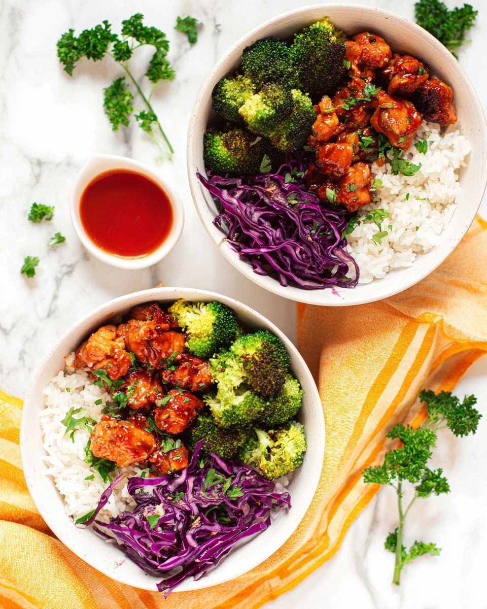 Two white bowls sit on a white marbled surface with a yellow-striped cloth nearby. Each bowl contains a base layer of white rice topped with three sections: bright green cooked broccoli on one side, vibrant shredded purple cabbage on another, and pieces of glazed reddish-brown cooked chicken garnished with small green parsley leaves in the third section. A small white dish filled with red sauce is placed near the top bowl. Small sprigs of parsley and loose cabbage pieces are scattered around the bowls. photo taken with an iphone --ar 4:5 --v 7