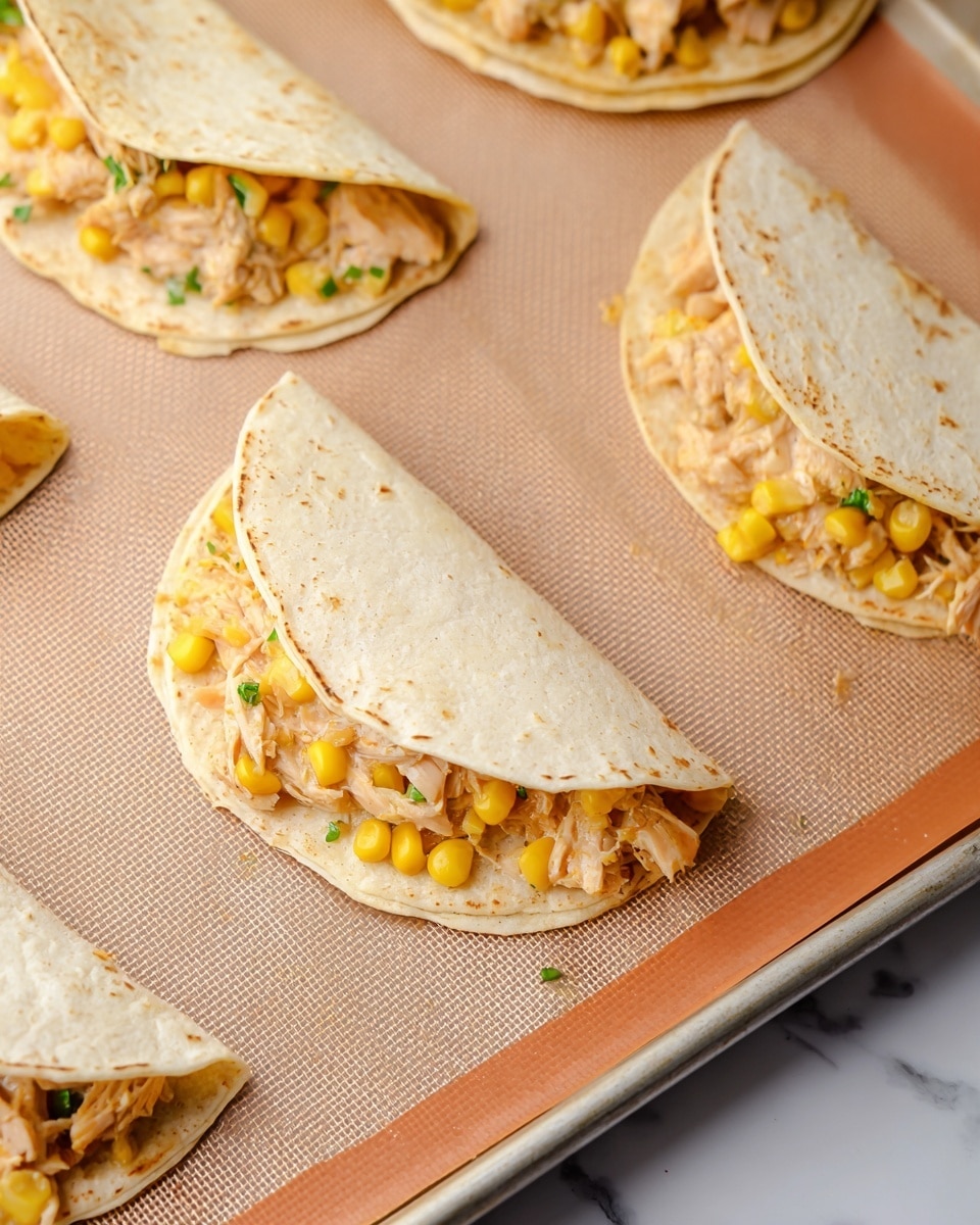 Several small folded tacos rest on a light brown silicone baking mat over a baking tray. Each taco has two layers of pale, soft corn tortillas with a slightly rough, grainy texture. Inside, the filling shows a creamy mix of light beige shredded chicken combined with bright yellow corn kernels and small bits of green herbs, all tightly packed and visible slightly spilling from the edges. The tacos are arranged irregularly with some corners slightly lifted, showing the warm, soft texture of the tortillas and the moist, chunky filling inside. The background features a white marbled surface partly visible beneath the tray. Photo taken with an iphone --ar 4:5 --v 7