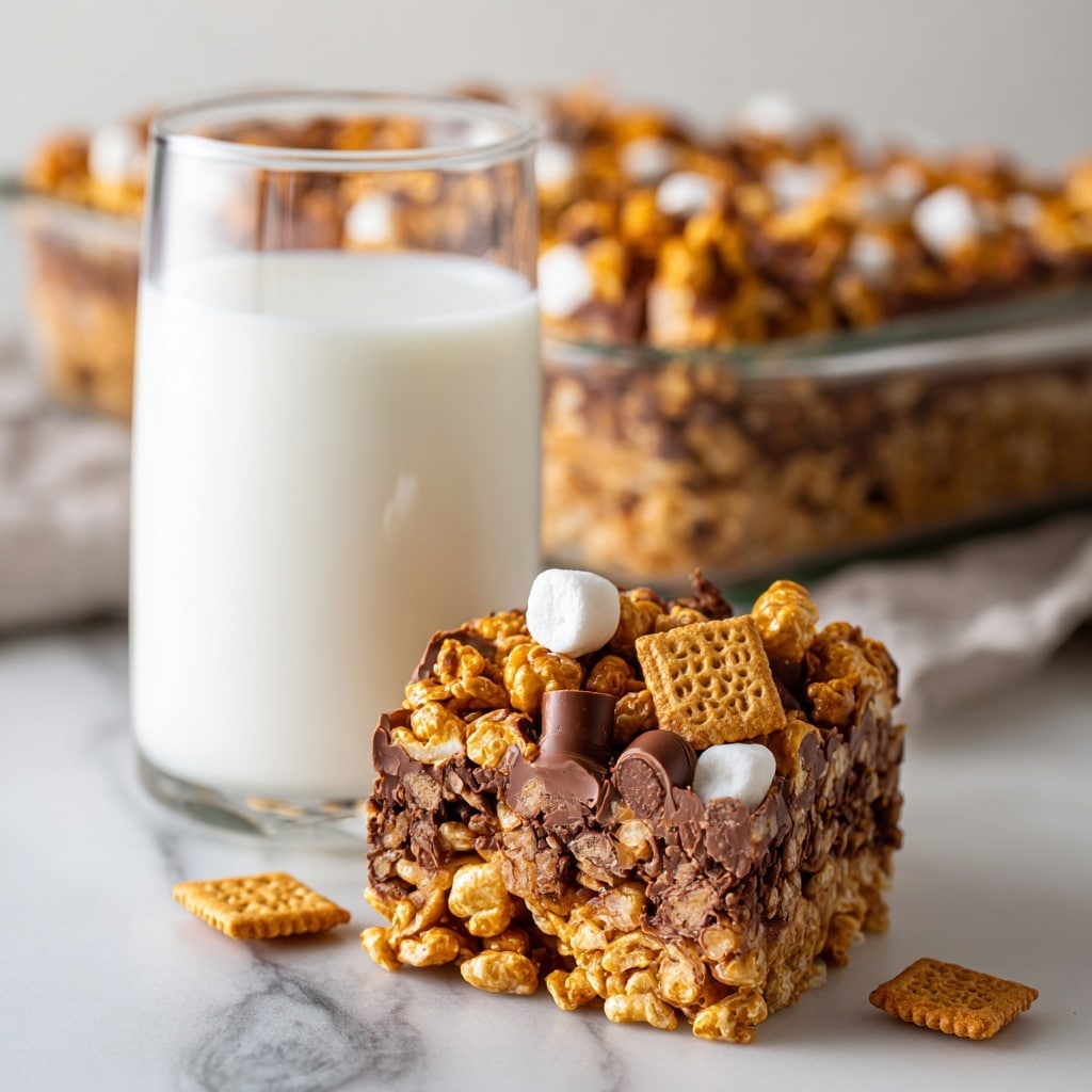 A close-up of a square-shaped rocky road treat being held by a woman's hand. The treat has a shiny chocolate layer coating the whole surface with glossy texture and rich brown color. Embedded inside are crunchy golden cereal pieces and small white marshmallows, some slightly melted and sticking out on top. A string of melted chocolate stretches as the treat is pulled apart. In the background, a white marbled surface and a clear glass of milk sit slightly out of focus. photo taken with an iphone --ar 4:5 --v 7