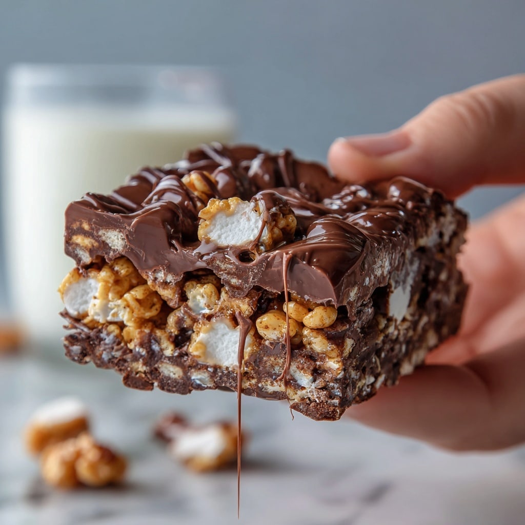 The image shows a square piece of layered snack bar on a white marbled surface, topped with small graham cracker pieces, melted chocolate, crunchy cereal bits, and mini marshmallows. The bars have a mix of golden brown and chocolate brown colors with a slightly melted and sticky texture on top. Next to the square snack bar is a glass of milk that almost fills the glass, both items placed close together. The background shows part of a glass baking dish containing more of the snack bars on the same white marbled surface. photo taken with an iphone --ar 4:5 --v 7