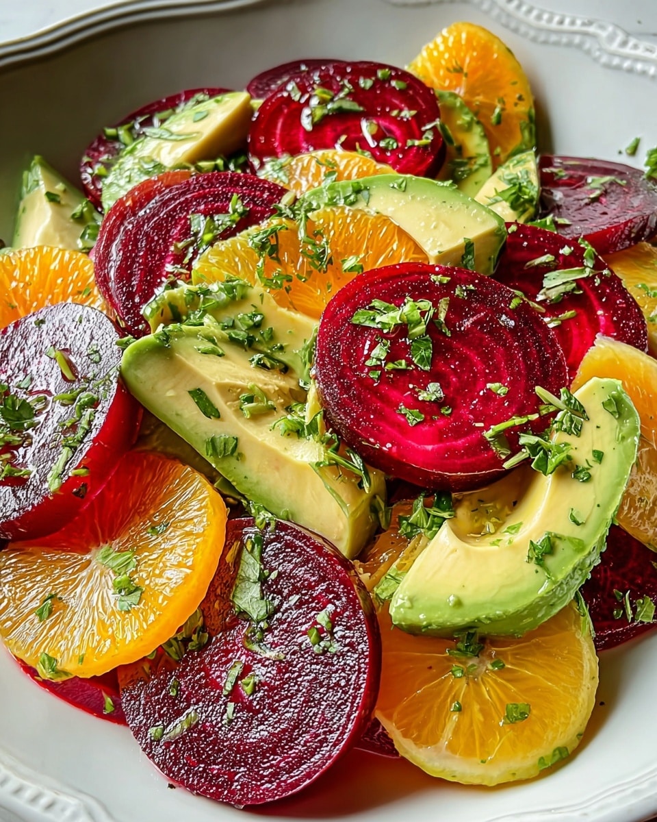 The image shows a white plate filled with a colorful salad arranged in layers: bright red beetroot slices, deep green avocado slices, ruby red grapefruit segments, and sunny orange slices. The fruits and vegetables are overlapping in a circular pattern, topped with small white crumbles of cheese and finely chopped light pink shallots. Fresh green mint leaves are scattered over the salad, adding a vibrant touch. The plate rests on a wooden surface, accompanied by a small white bowl holding coarse salt with a mint leaf and a glass jar with a silver spoon inside, containing a golden dressing. Photo taken with an iphone --ar 4:5 --v 7