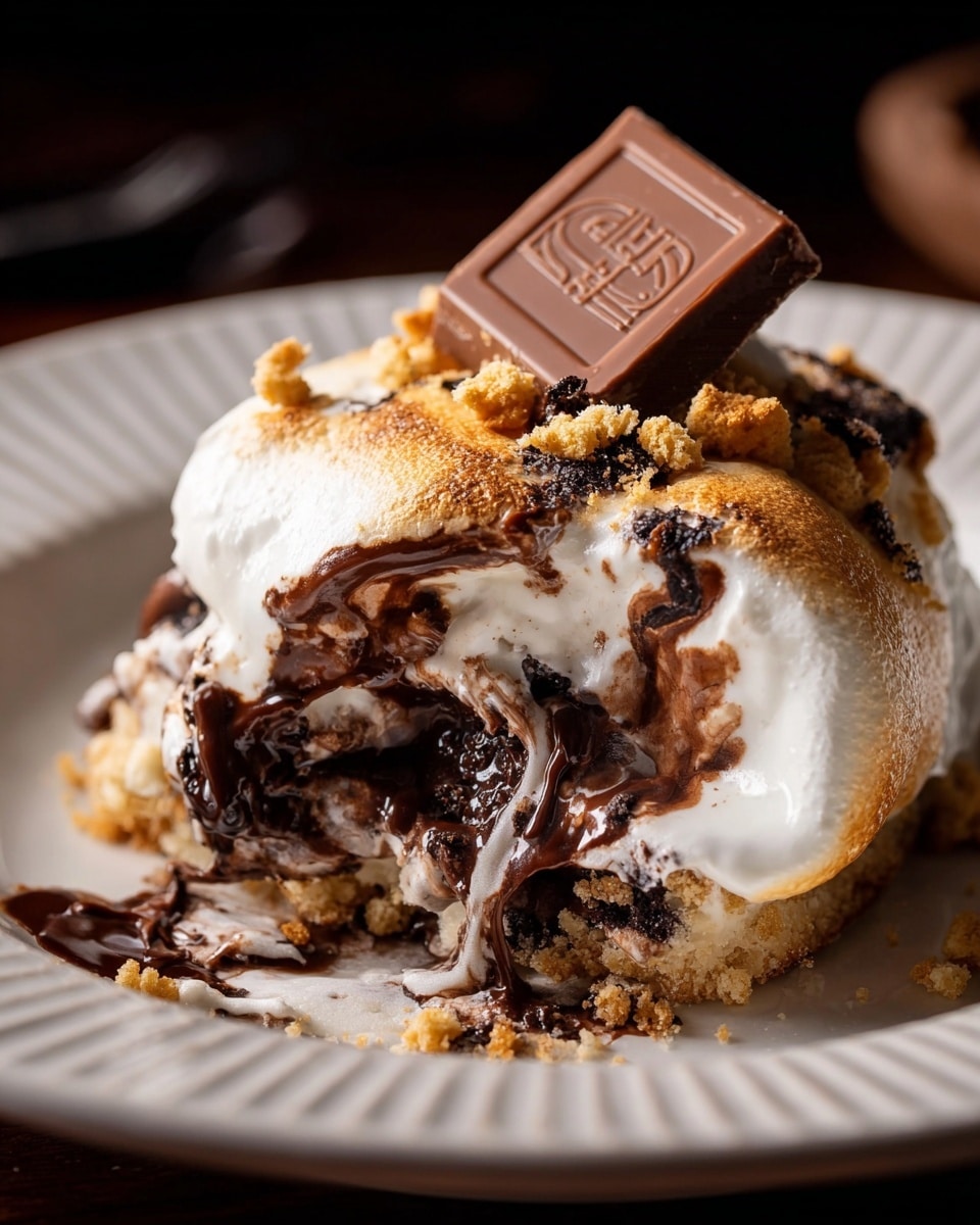 A close-up of a gooey chocolate dessert on a white plate with ridges. The dessert has a crumbly golden crust at the base, topped with thick, melted, dark chocolate mixed with gooey white marshmallow cream that flows over the sides. There are scattered small pieces of golden crumbs on top, and a square piece of milk chocolate with a logo rests on the dessert’s upper right side. The texture looks soft and sticky, with a mix of smooth and rough parts. The background is dark, making the dessert stand out. Photo taken with an iphone --ar 4:5 --v 7