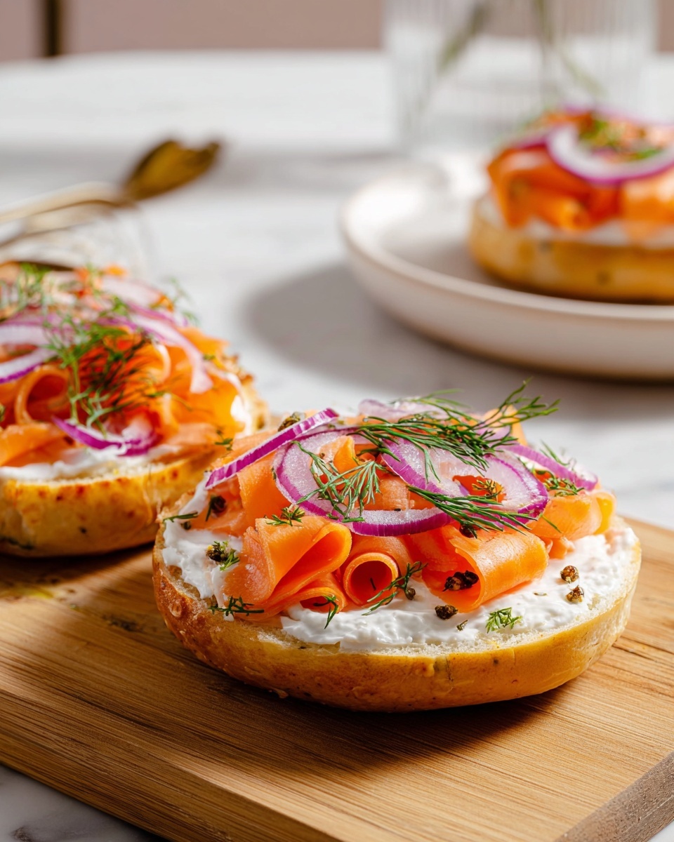 A white plate holds a single sliced bagel as the base layer with a light, soft texture. The second layer is a spread of creamy white cheese, evenly covering the bagel. On top, several thin, curled ribbons of bright orange carrot create a textured, slightly shiny layer. Scattered over the carrots are several thin, circular slices of pale purple red onion adding a smooth, translucent contrast. Small green sprigs of dill are placed on top for a fresh accent. The setting is on a white marbled surface with soft natural light. Photo taken with an iphone --ar 4:5 --v 7