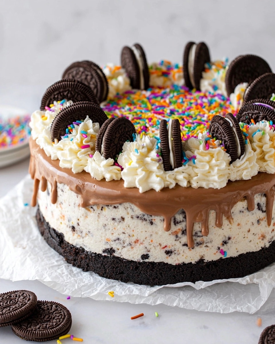 A round cake with three visible layers sits on a crinkled white paper over a white marbled surface. The bottom layer is a dark chocolate cookie crust sprinkled with colorful confetti sprinkles around its base. Above it is a thick creamy white layer with specks inside. The top layer is a glossy light brown chocolate drip that flows down the sides unevenly. On top, a thick ring of white whipped cream swirls decorates the edge, each twist topped with half a chocolate sandwich cookie standing upright. The center of the cake is covered with a dense mix of colorful sprinkles including small rods and round shapes. Some whole chocolate sandwich cookies lay on the white marbled surface next to the cake. Photo taken with an iphone --ar 4:5 --v 7