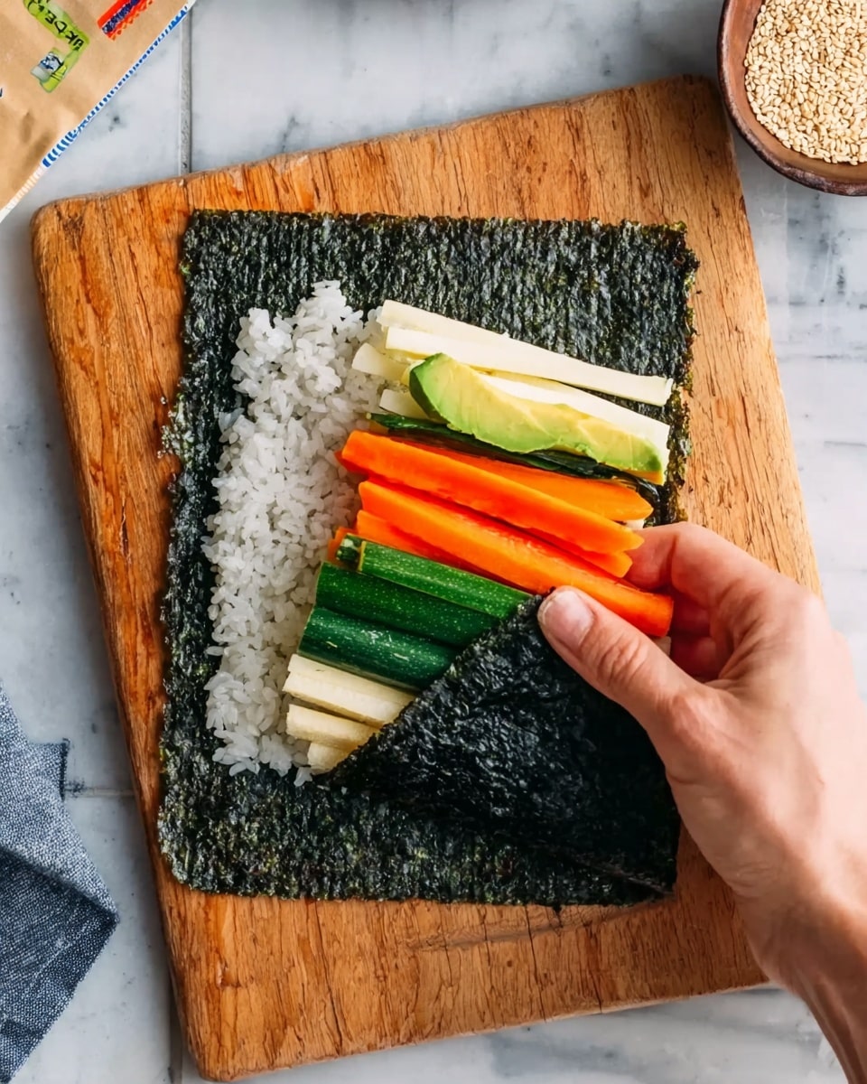 A woman's hand is holding a half-rolled sushi hand roll on a square sheet of dark green nori seaweed placed on a wooden cutting board. The nori sheet is partially covered with a layer of white sushi rice scattered unevenly. On top of the rice, there are long strips of colorful vegetables including bright orange carrot, pale beige tofu, dark green cucumber, and light green avocado. The sushi hand roll is being wrapped tightly to enclose the fresh vegetables inside the textured seaweed. The background features a white marbled surface with a bowl of sesame seeds and a partially visible package nearby. Photo taken with an iphone --ar 4:5 --v 7