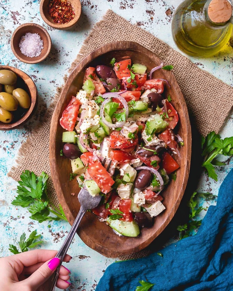This image shows a fresh salad with several layers of colorful ingredients placed closely together. The bottom layer consists of green cucumber chunks and red tomato pieces that have a juicy, slightly glossy texture. Among the vegetables are slices of purple-red onion, which add thin, curved layers with a shiny look. Small, creamy white cubes of feta cheese are scattered on top, adding a crumbly texture and light contrast. There are also dark brown olives mixed throughout. Bright green parsley leaves rest on the top, adding a fresh and leafy texture that contrasts with the other ingredients. The salad is presented on a wooden board, which is partially visible beneath the mixture, and a metal spoon is placed to the right. The background is changed to a white marbled texture. photo taken with an iphone --ar 4:5 --v 7