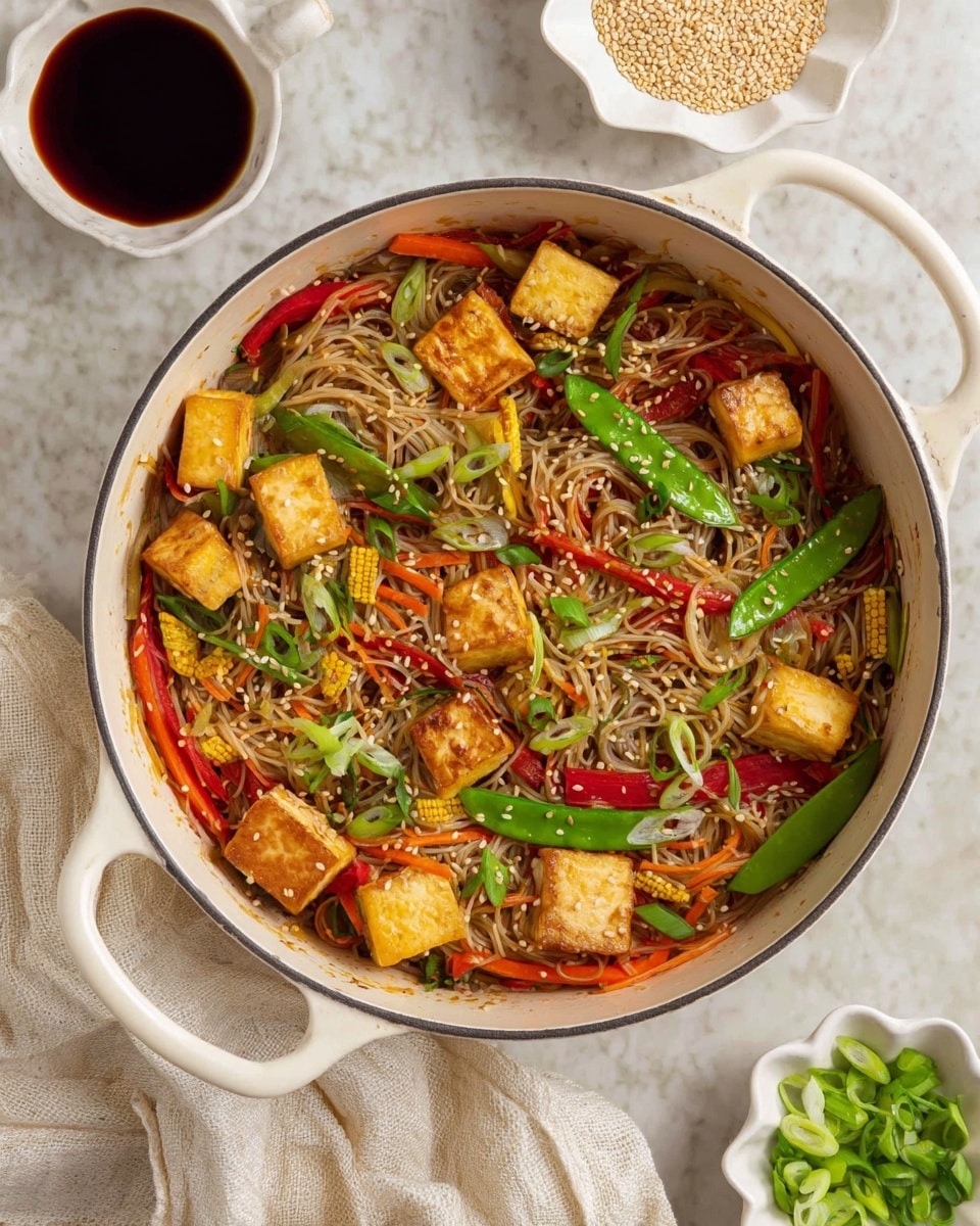A white pot filled with a colorful noodle stir-fry, showing about three layers: a base of light brown translucent noodles mixed with thin strips of orange carrots, red peppers, and yellow corn; scattered on top are golden-brown tofu cubes and bright green snap peas; the dish is garnished with thinly sliced green onions and white sesame seeds all around. Around the pot, there is a small white bowl of dark soy sauce, a small white scalloped bowl with chopped green onions, and a small white bowl filled with sesame seeds, all set on a white marbled surface with a light-colored cloth nearby. photo taken with an iphone --ar 4:5 --v 7