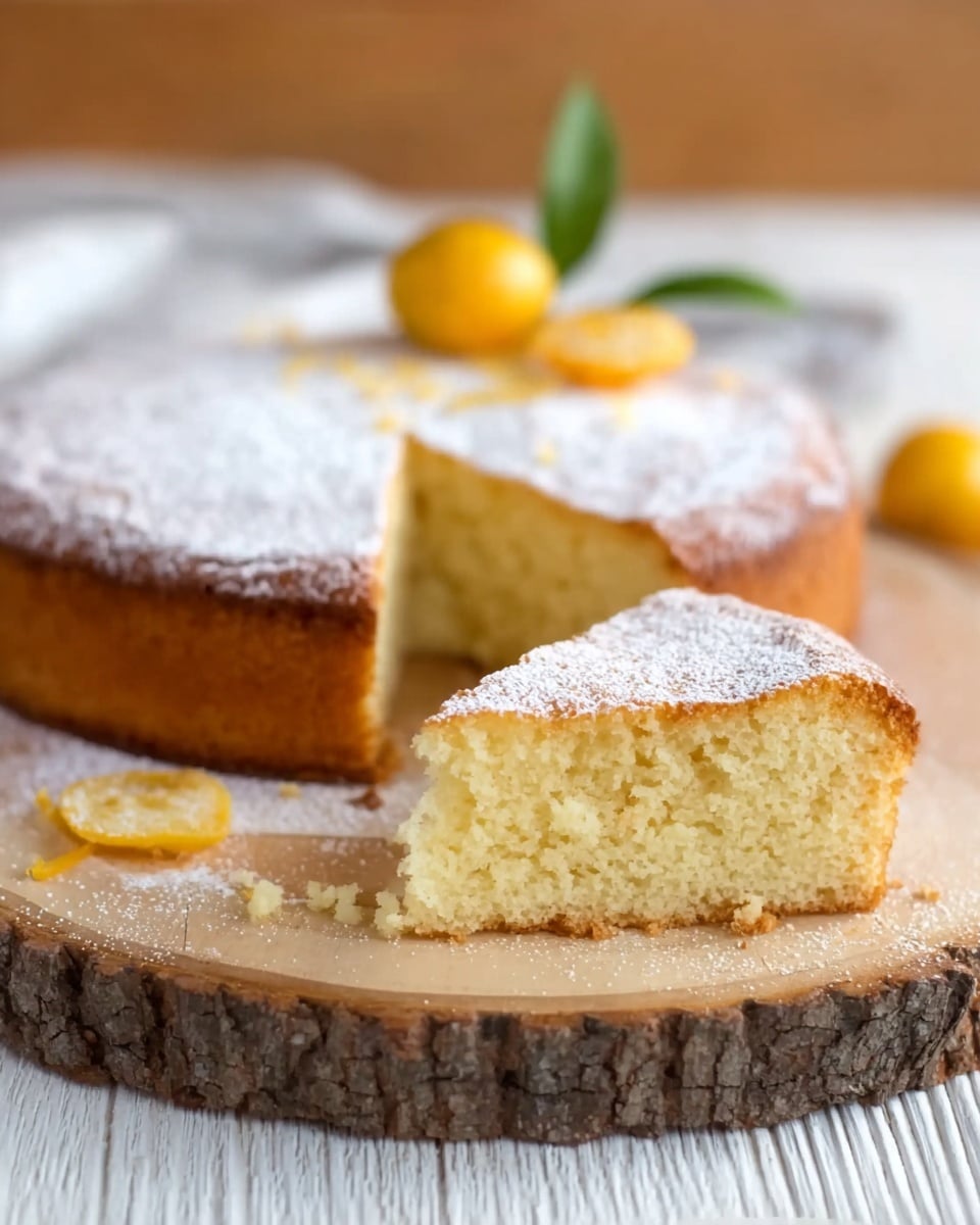 The image shows a single-layer round cake with a light golden brown crust and a soft, moist, pale yellow inside. The cake is dusted with a thin layer of white powdered sugar on top. A slice is cut from the cake and placed in front, resting on a white wooden surface with a rustic bark-edged wooden board underneath. The background includes a couple of small yellow fruits and some orange peel garnishes on the whole cake. The texture of the cake looks tender and slightly crumbly. photo taken with an iphone --ar 4:5 --v 7