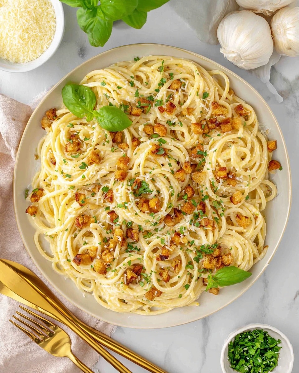 A close-up view of a white bowl filled with creamy spaghetti pasta coated in a smooth, pale yellow sauce. The pasta strands are mixed with small toasted brown bits and sprinkled with small green herb pieces. Silver tongs held by a woman's hand lift a portion of the spaghetti, showing the tangled noodles and creamy texture in bright lighting. The background is a white marbled surface with a white tiled wall behind. photo taken with an iphone --ar 4:5 --v 7