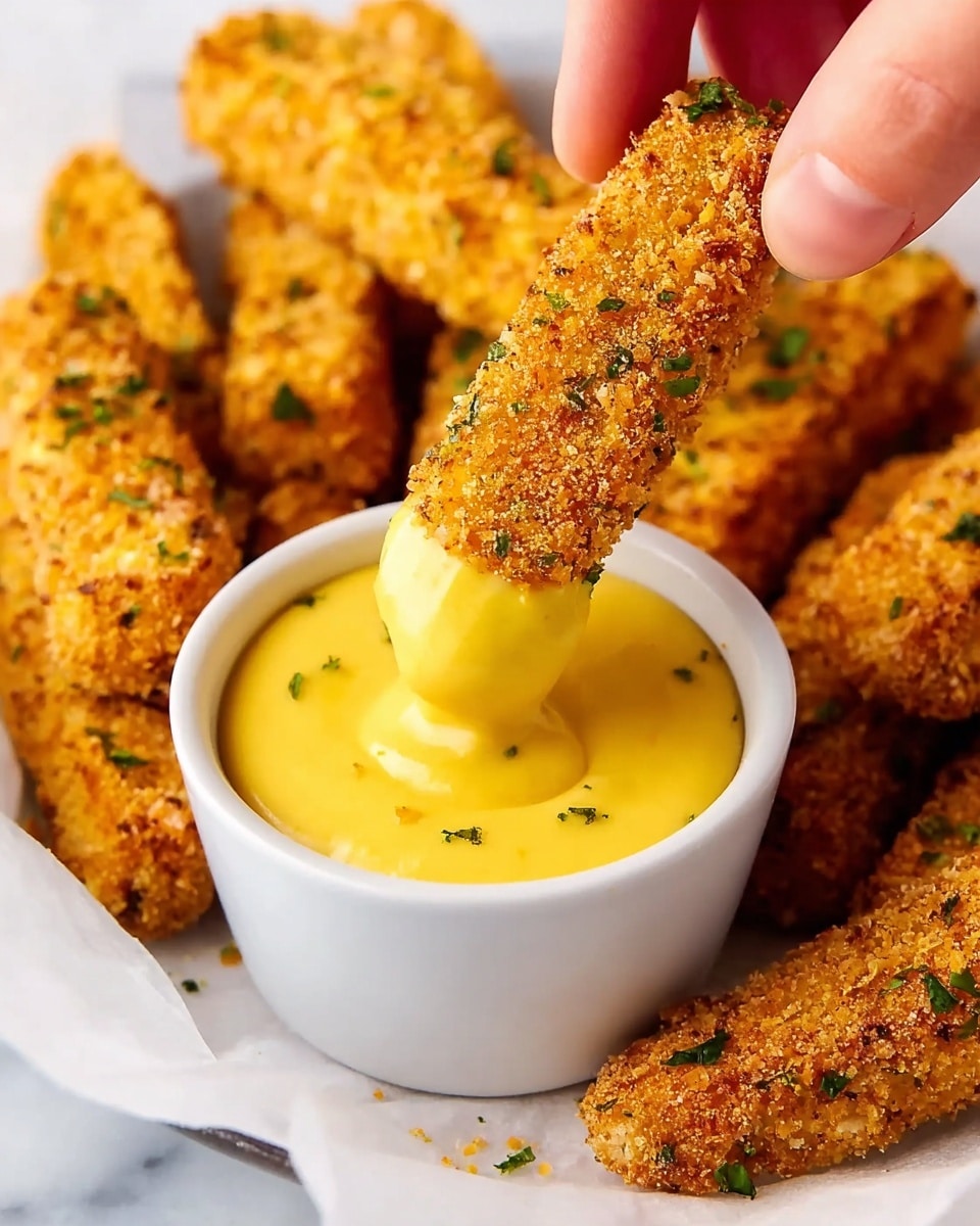 A close-up of crispy golden brown sticks coated with a coarse breadcrumb mixture, showing tiny green herb flakes and small orange bits, being dipped into a smooth, creamy, bright yellow sauce inside a small white cup. A woman's hand is holding one stick, partly covered in the thick sauce. More sticks rest on crisp white paper underneath the cup, all set against a white marbled surface. The texture of the sticks looks crunchy, with detailed breadcrumb coating visible. photo taken with an iphone --ar 4:5 --v 7