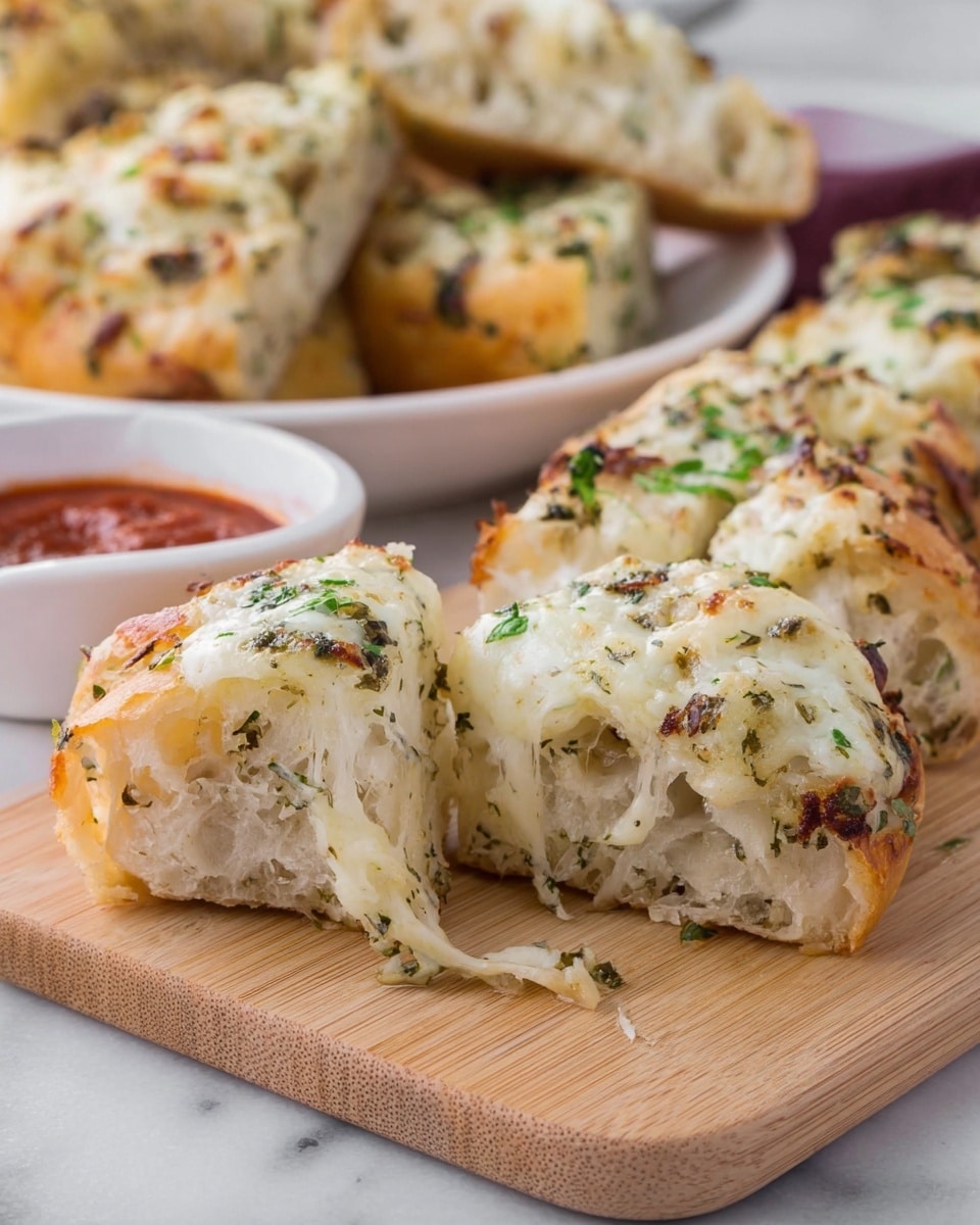 This image shows several garlic bread sticks and a couple of half slices, each with two main layers. The base layer is a golden brown bread with a rough, crispy texture visible. On top is a thick, melted white cheese layer sprinkled with small green herb pieces, adding contrast and detail. These bread sticks are placed on crumpled brown parchment paper on a white marbled surface. Two white bowls of chunky red marinara sauce with a thick texture sit on the top right and bottom left corners. Some scattered green herbs add more color to the scene. Photo taken with an iphone --ar 4:5 --v 7